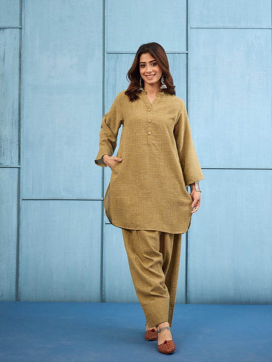 Olive Khadi Linen Salwar Set