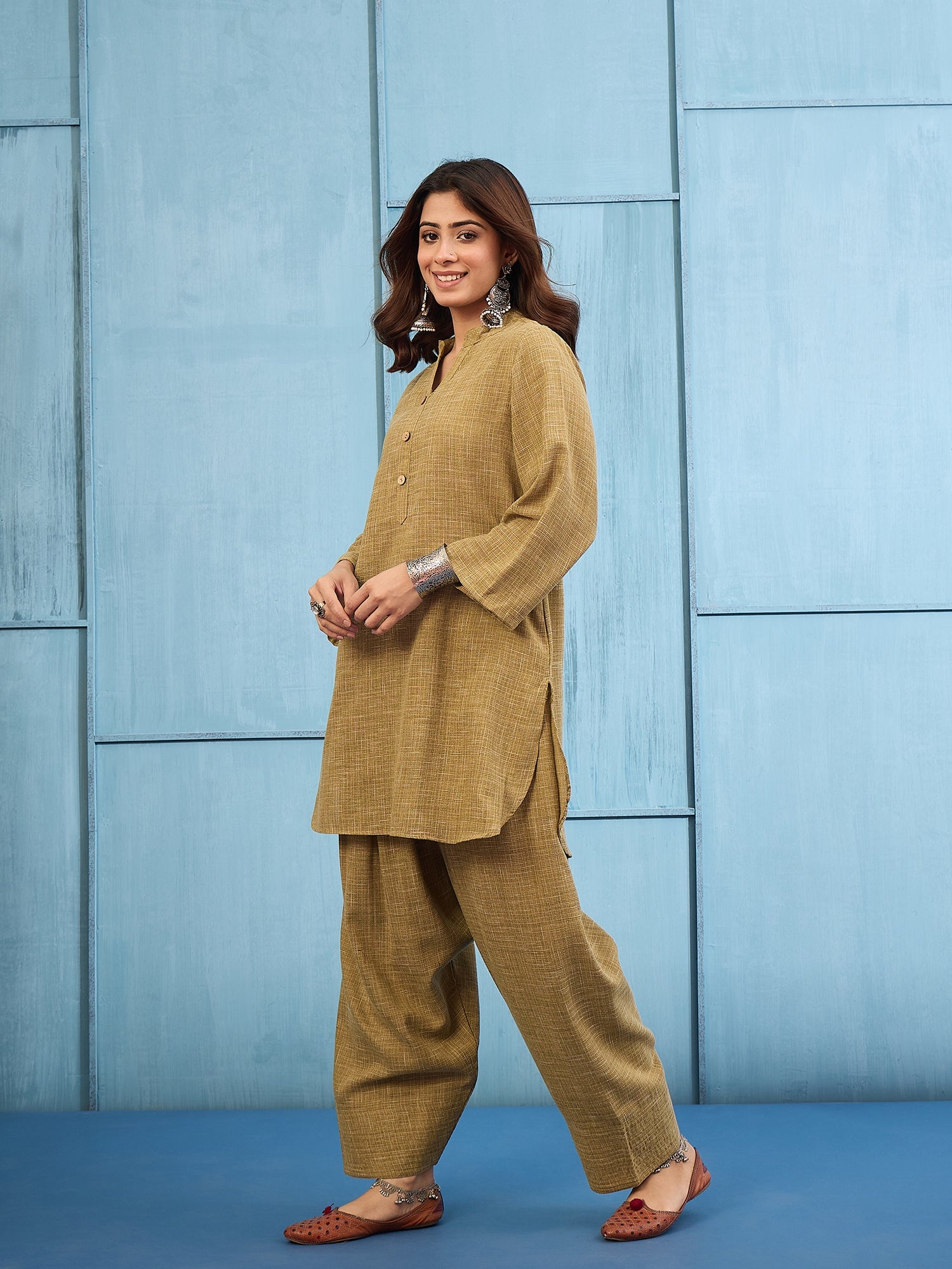 Olive Khadi Linen Salwar Set