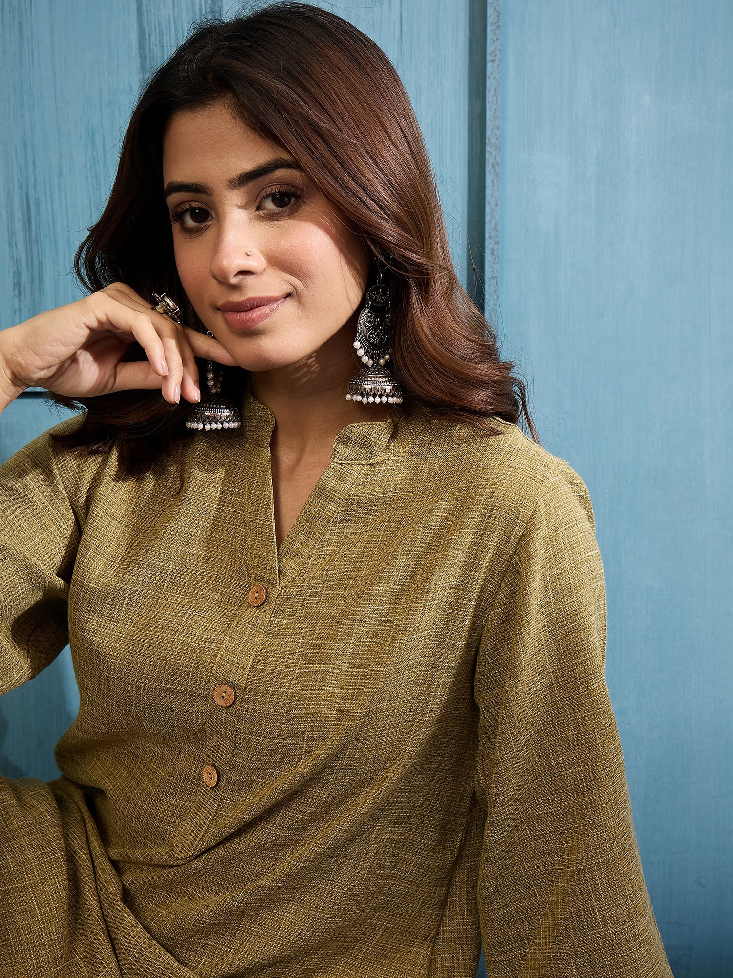 Olive Khadi Linen Salwar Set