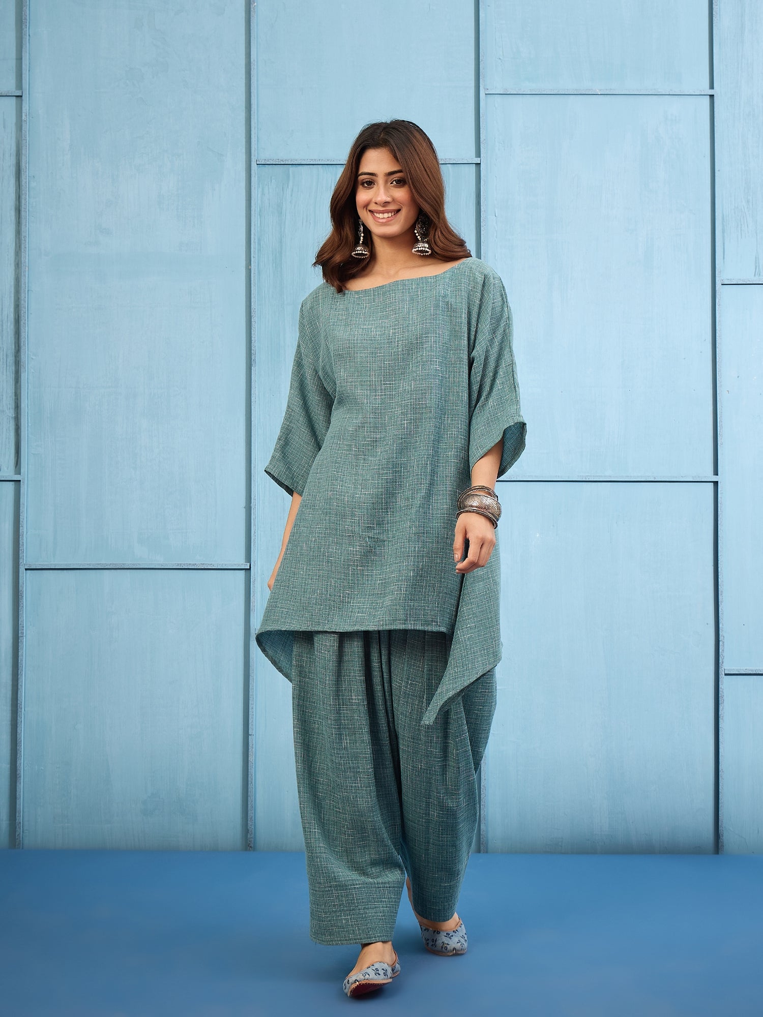 Blue Khadi Linen Boat Neck  Salwar Set