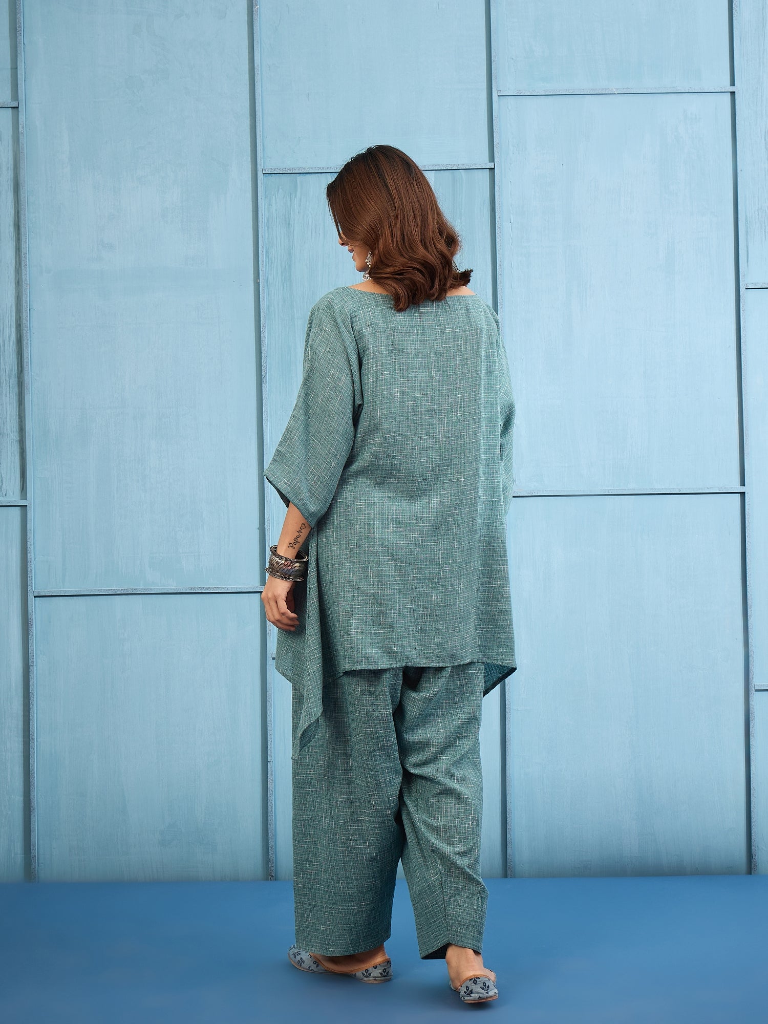 Blue Khadi Linen Boat Neck  Salwar Set