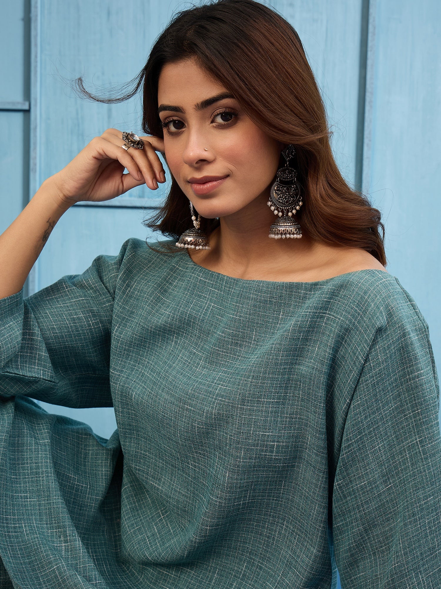 Blue Khadi Linen Boat Neck  Salwar Set