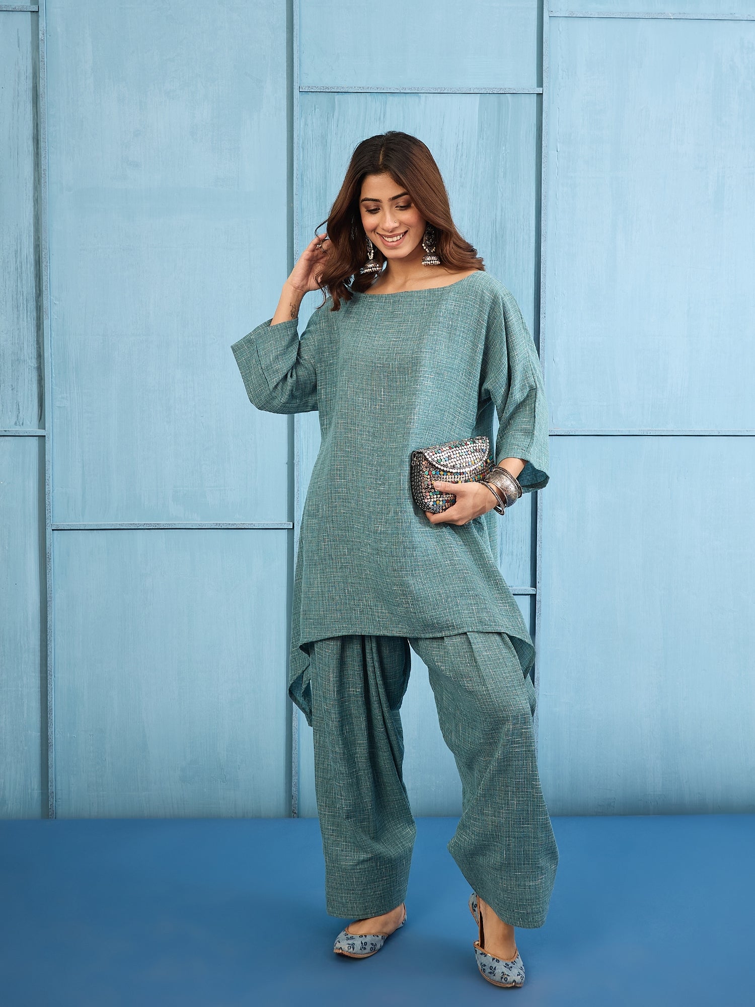 Blue Khadi Linen Boat Neck  Salwar Set
