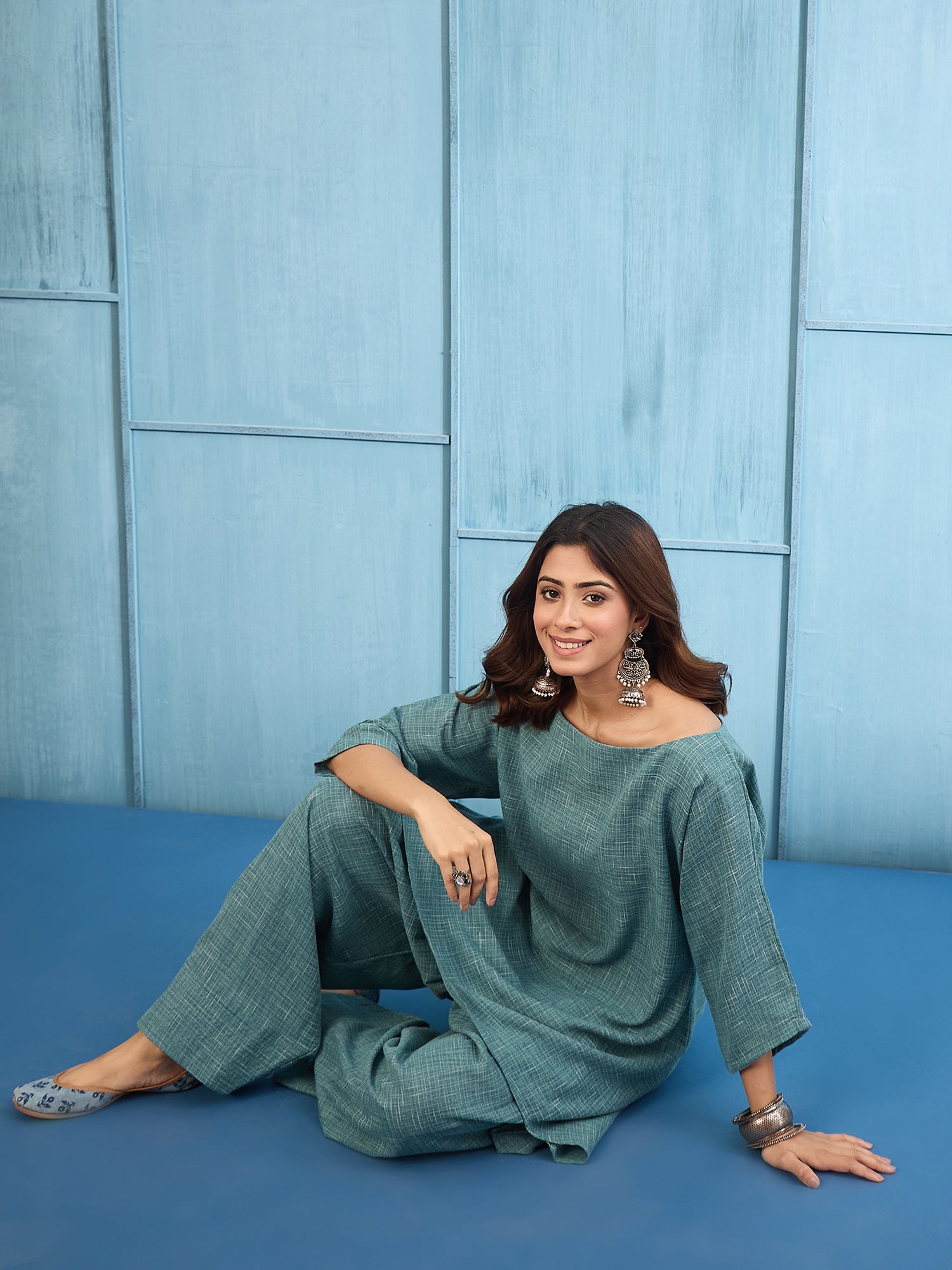 Blue Khadi Linen Boat Neck  Salwar Set