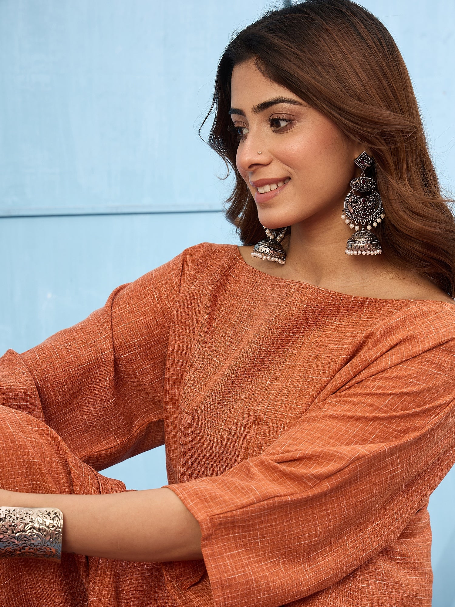 Rust Khadi Linen Boat Neck Salwar Set