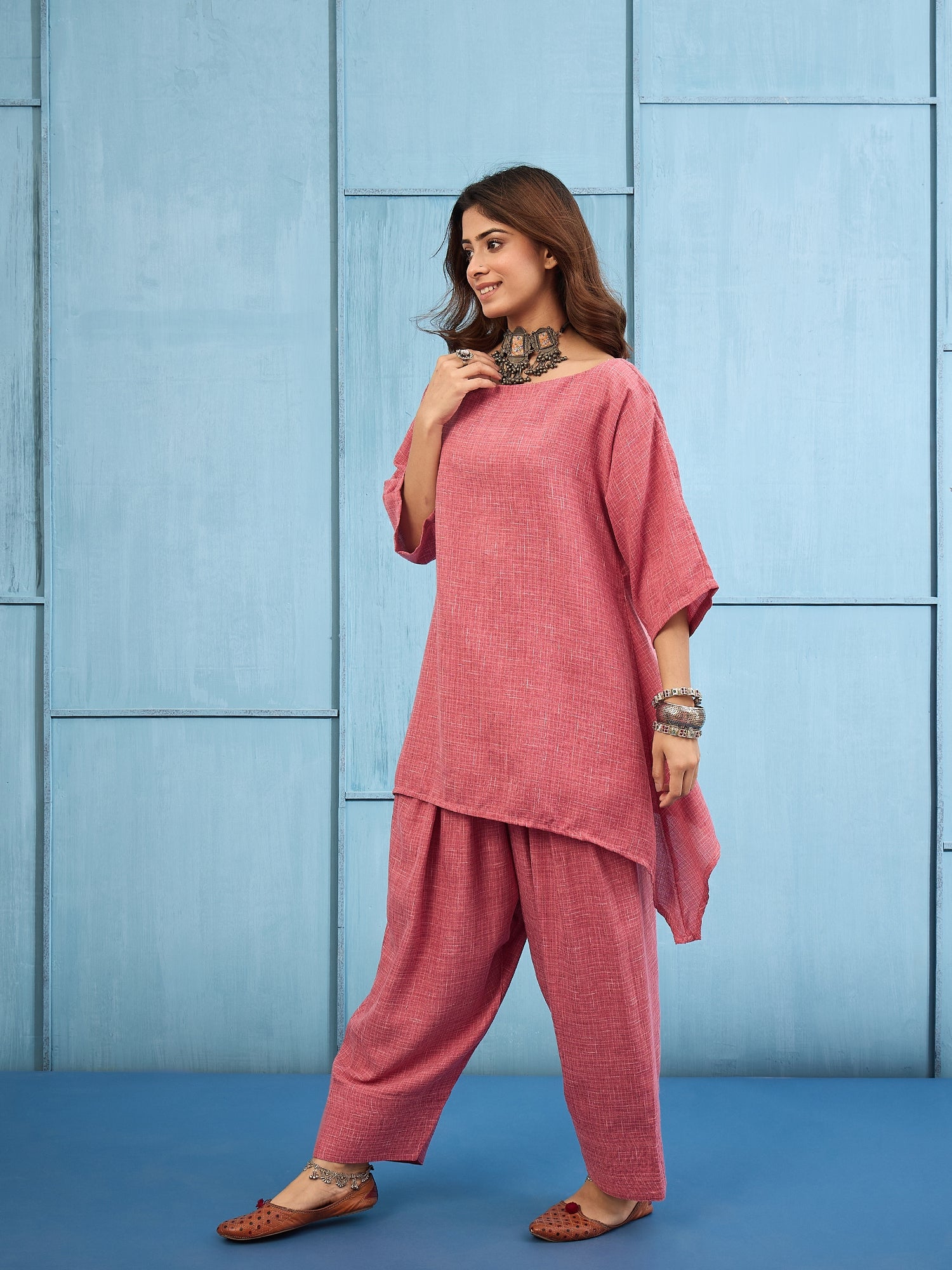 Dusty Pink  Khadi Linen Boat Neck Salwar Set