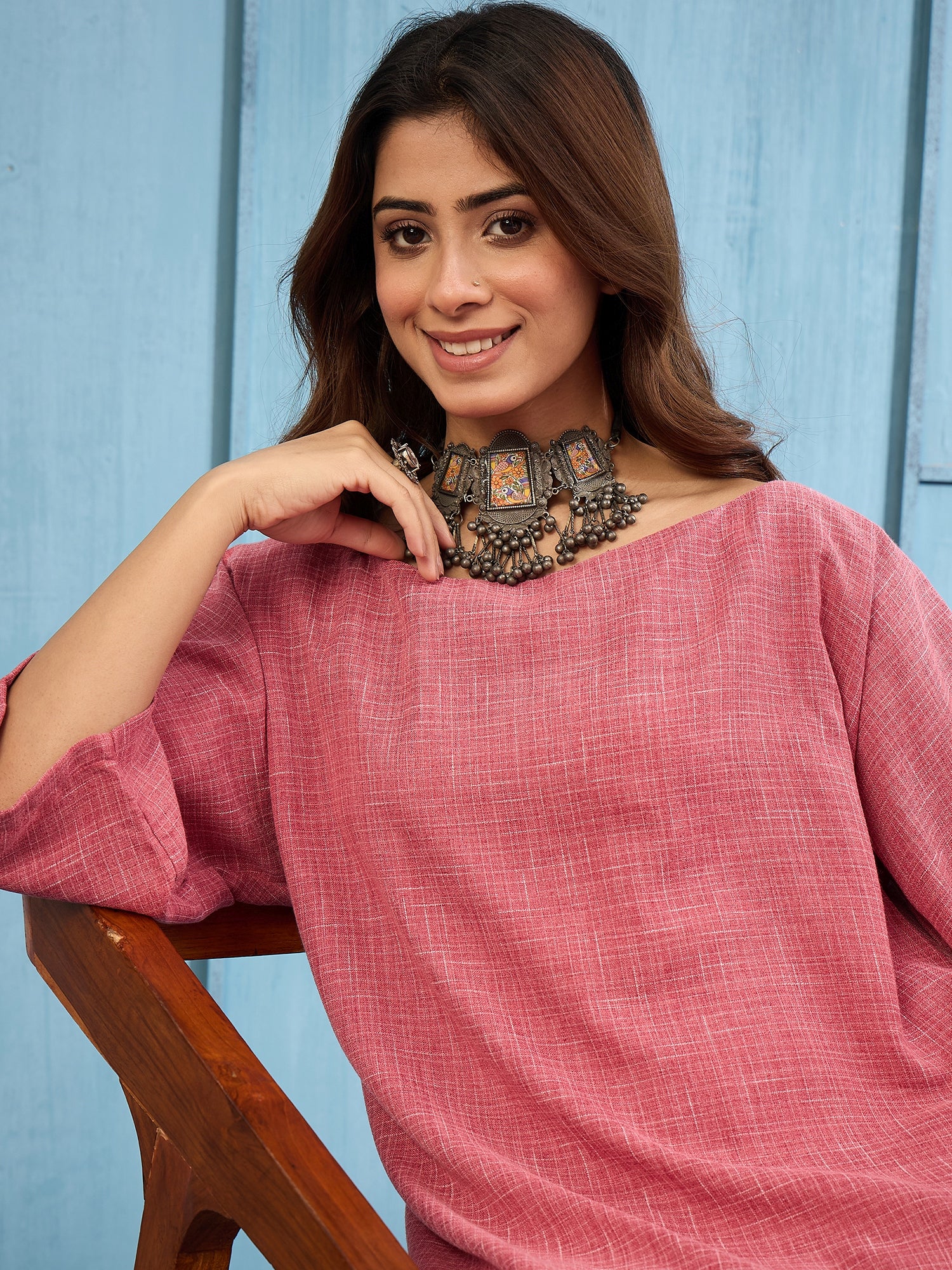Dusty Pink  Khadi Linen Boat Neck Salwar Set