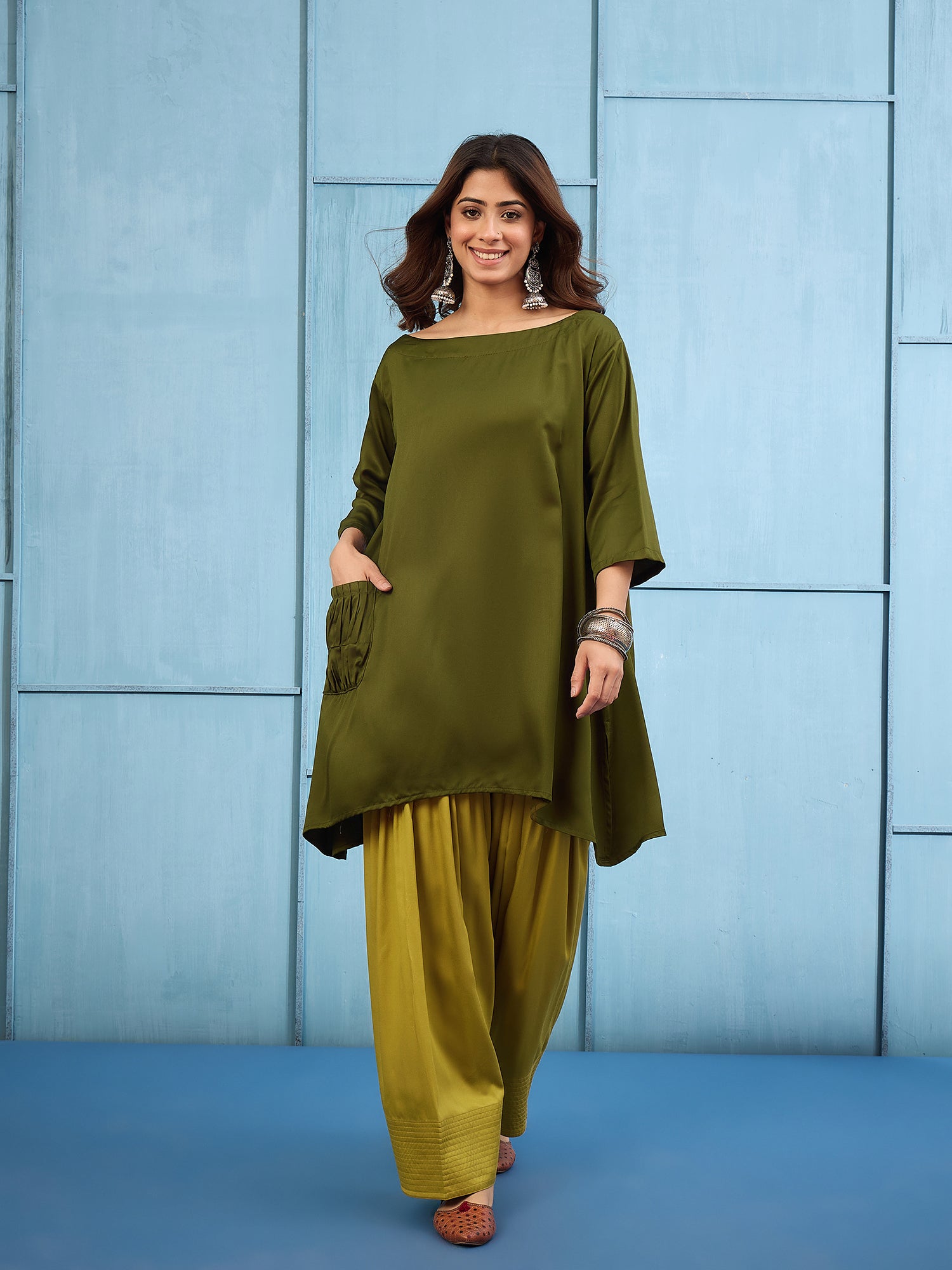 Green Boat Neck Top Yellow Salwar Set (To be dispatched in 7 -10 days)