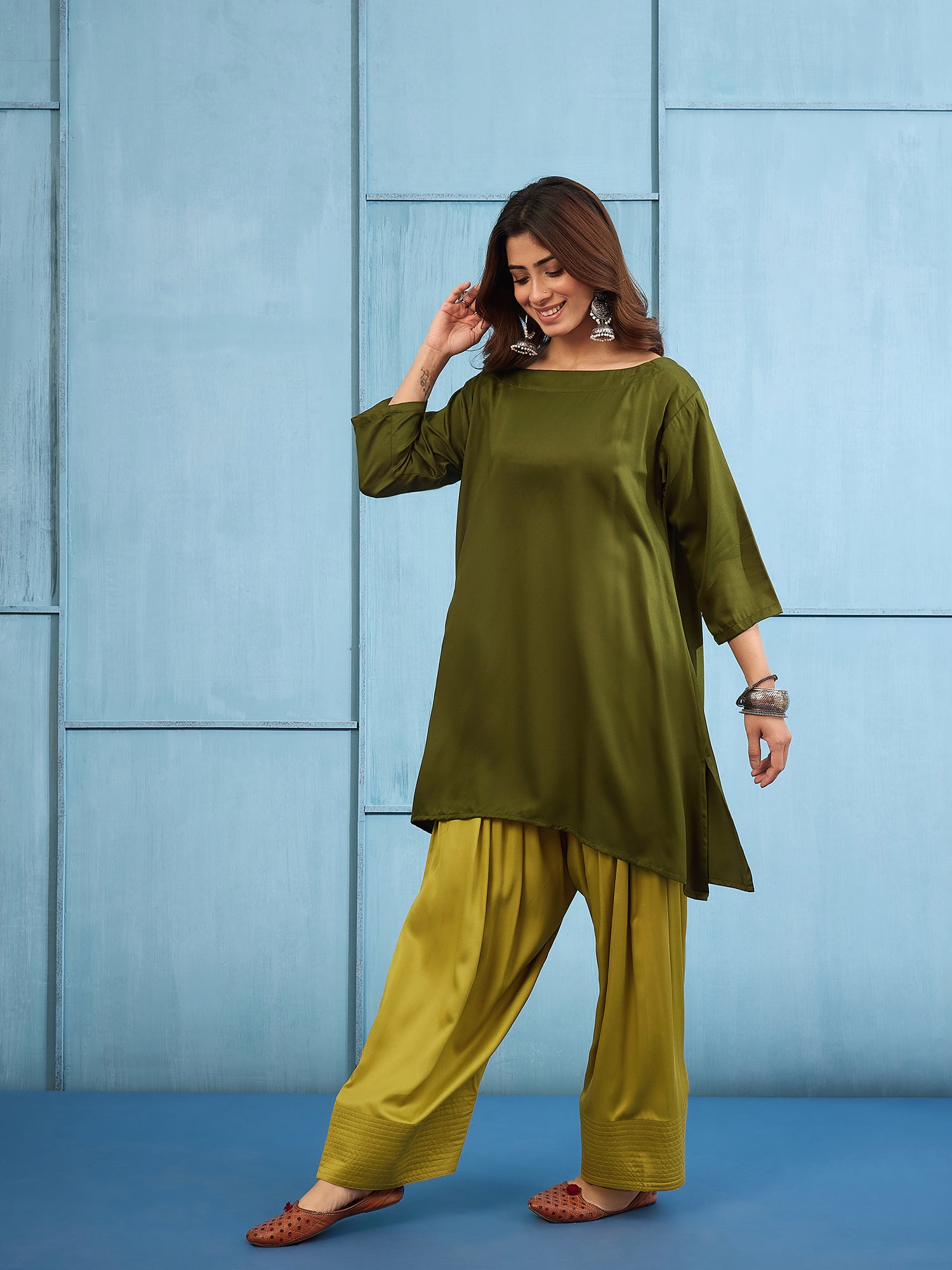 Green Boat Neck Top Yellow Salwar Set (To be dispatched in 7 -10 days)