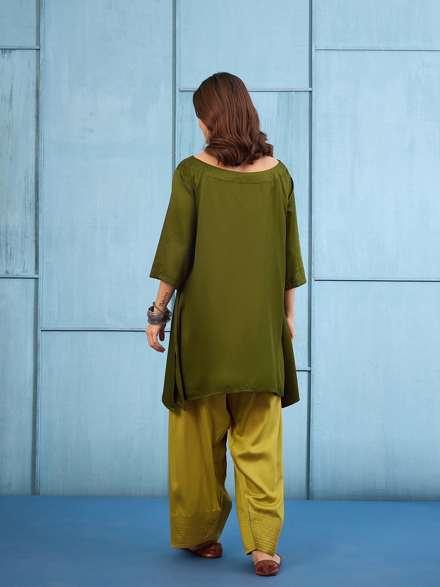 Green Boat Neck Top Yellow Salwar Set (To be dispatched in 7 -10 days)