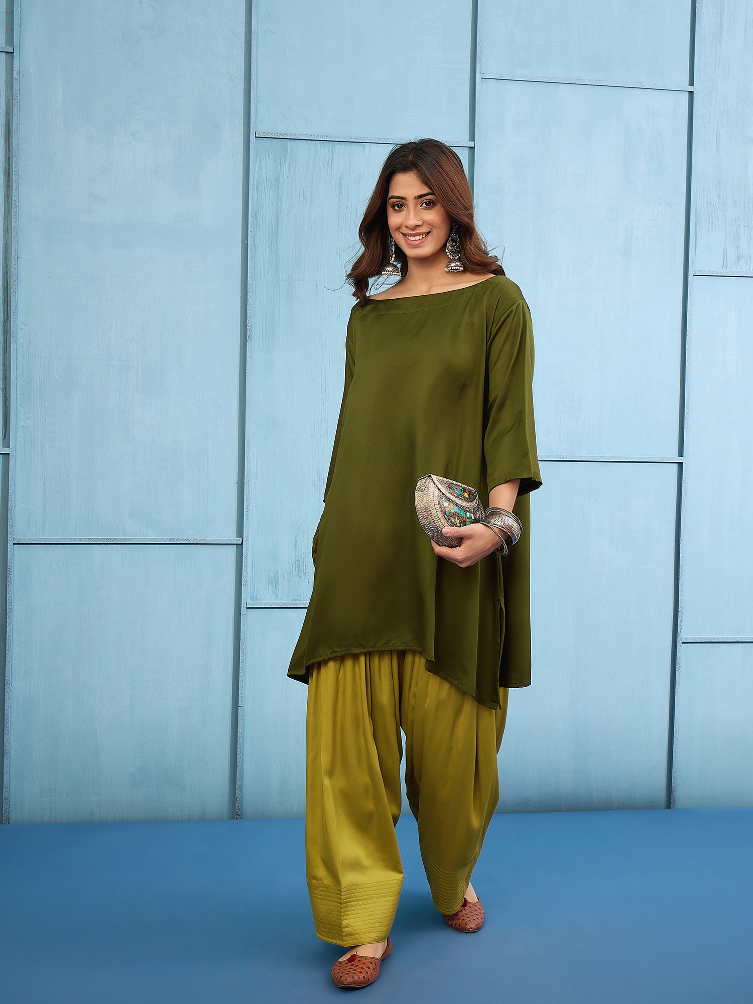 Green Boat Neck Top Yellow Salwar Set (To be dispatched in 7 -10 days)