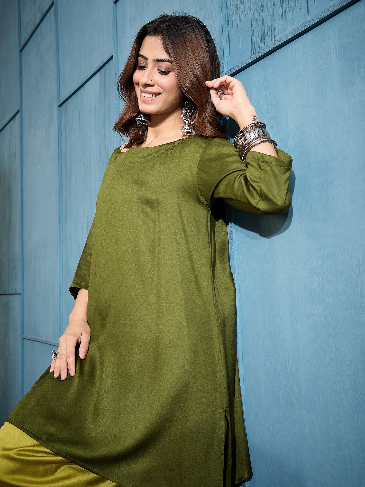 Green Boat Neck Top Yellow Salwar Set (To be dispatched in 7 -10 days)