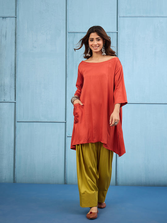 Rust Boat Neck Top Yellow Salwar Set