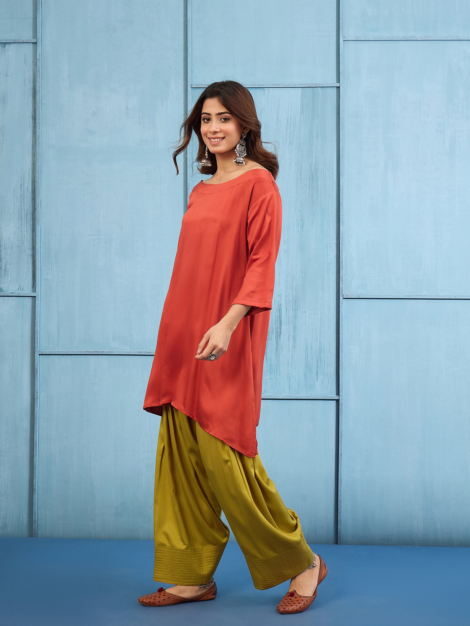 Rust Boat Neck Top Yellow Salwar Set
