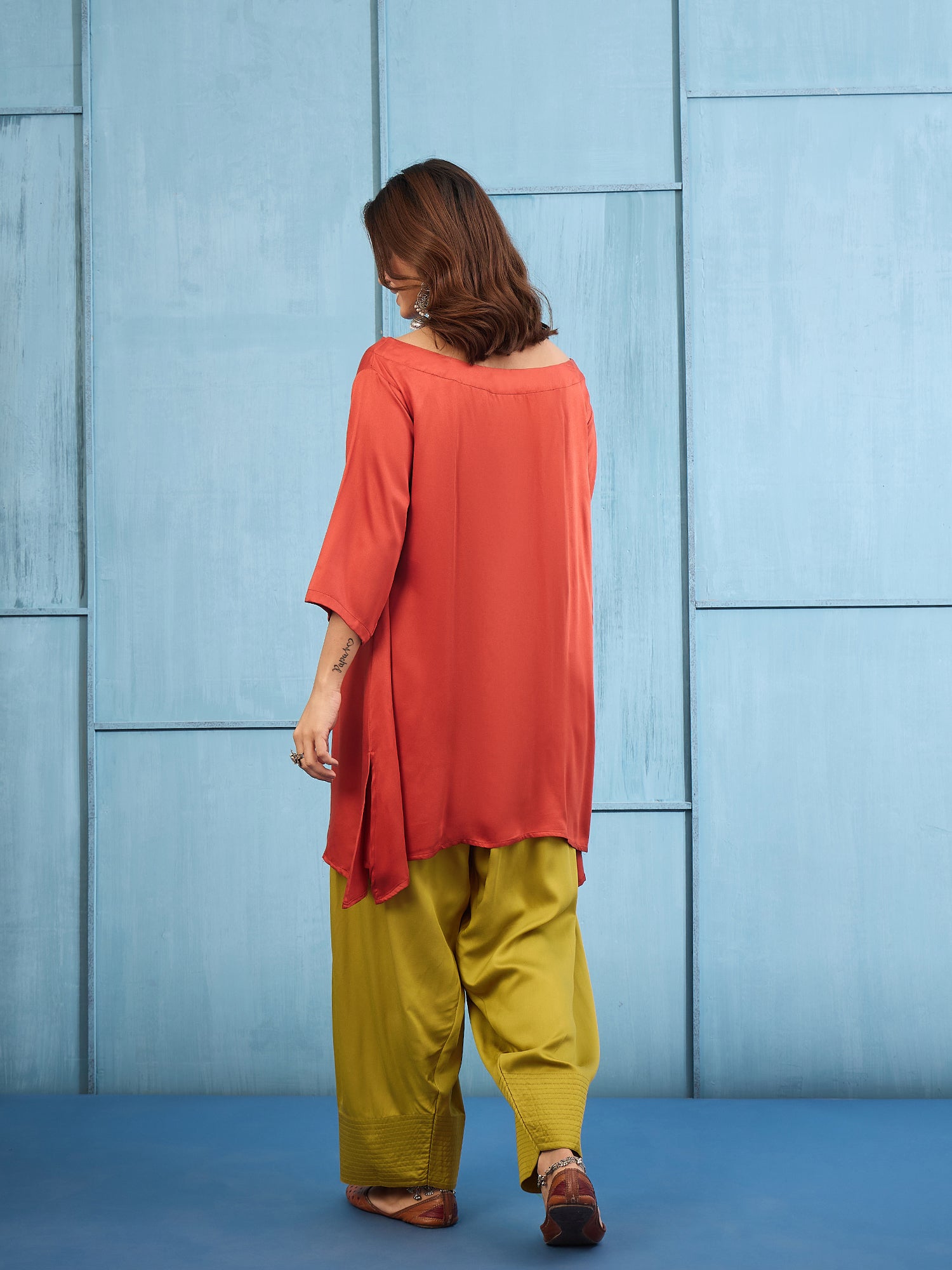 Rust Boat Neck Top Yellow Salwar Set
