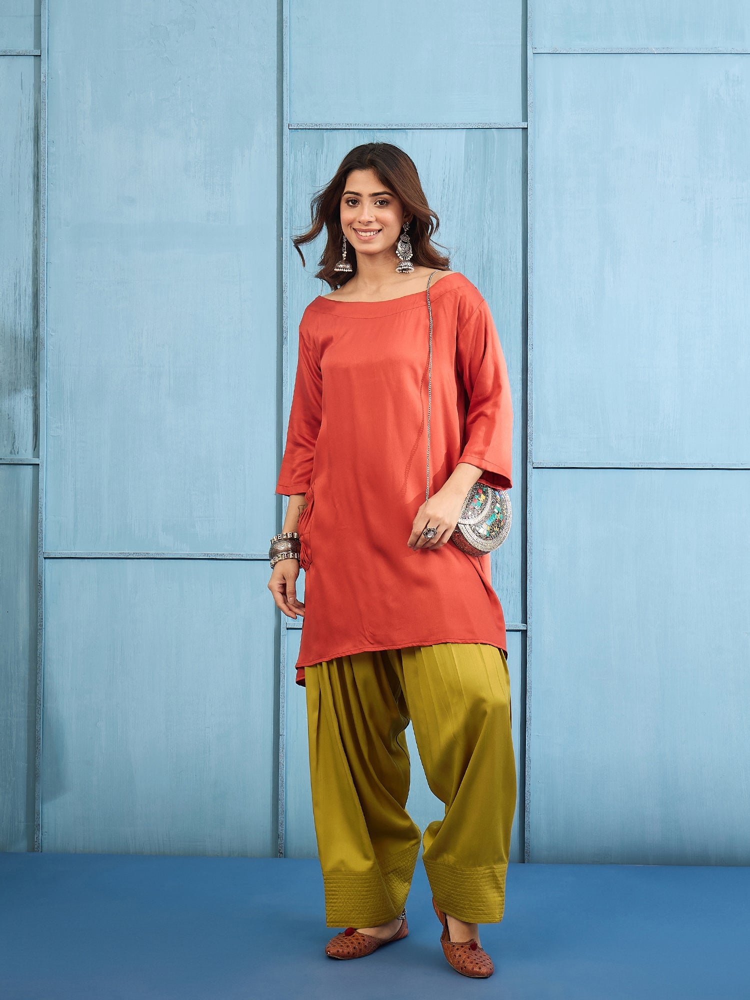 Rust Boat Neck Top Yellow Salwar Set