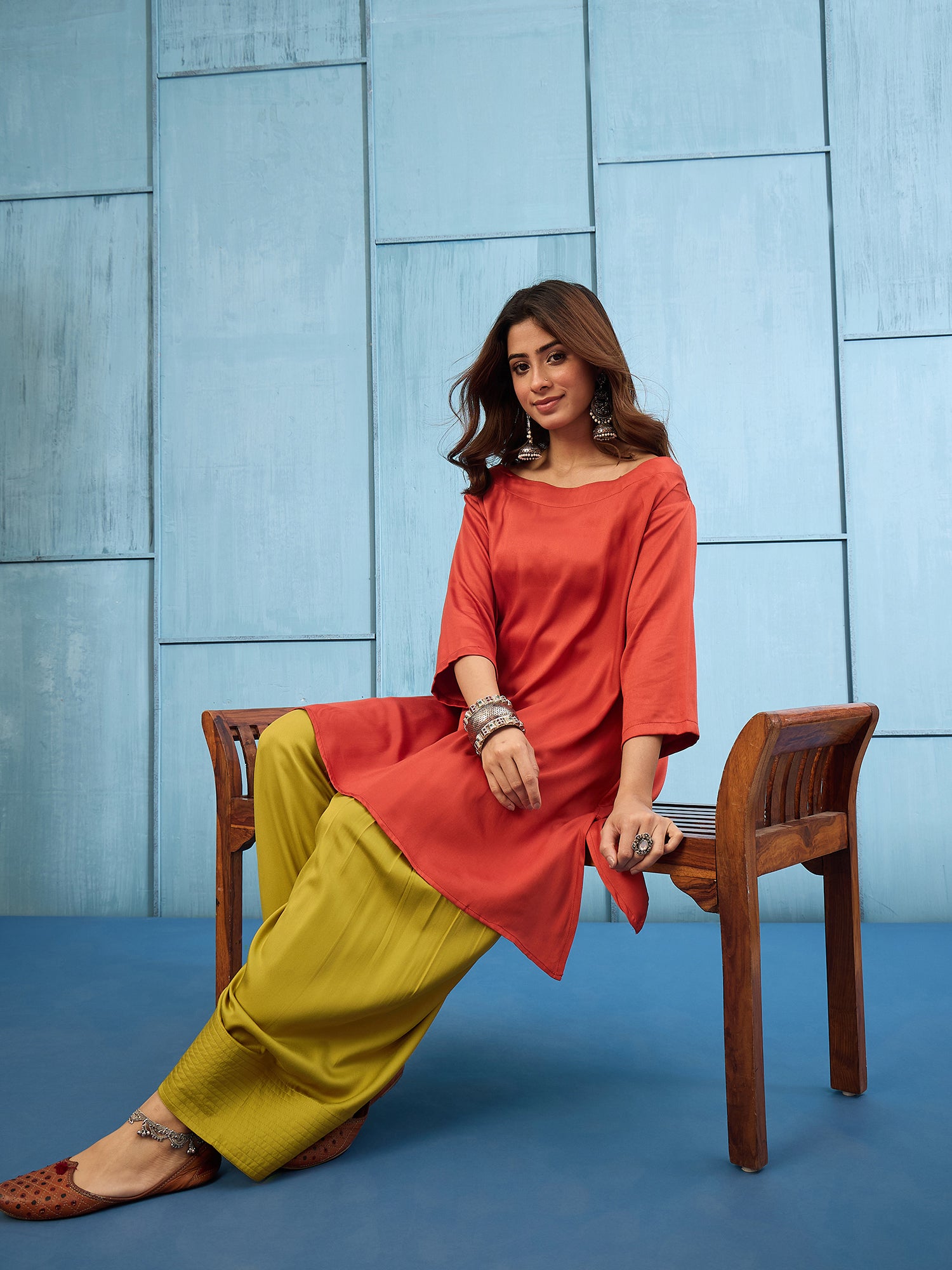 Rust Boat Neck Top Yellow Salwar Set