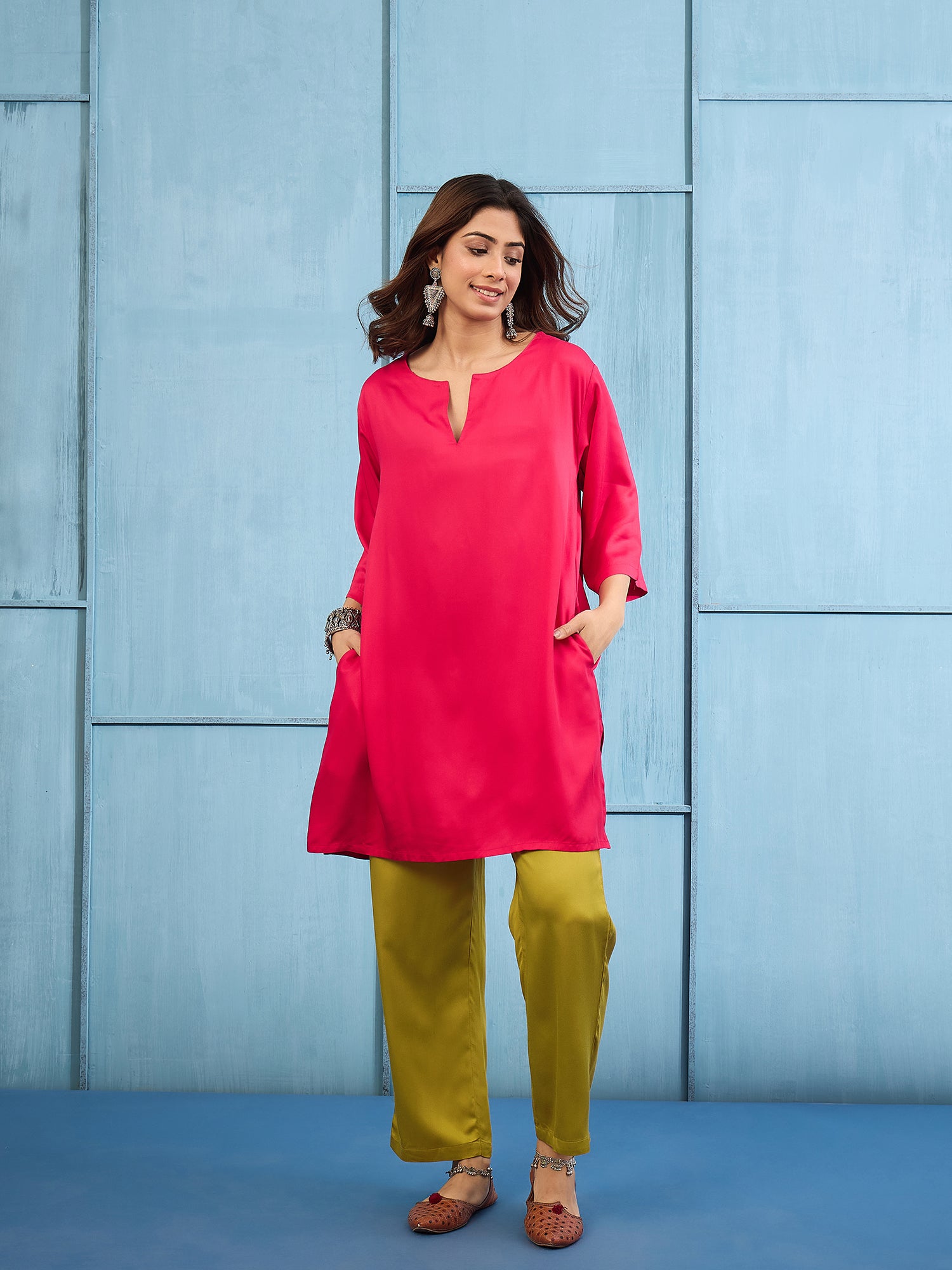 Pink V-Neck Kurta With Olive Pant Set