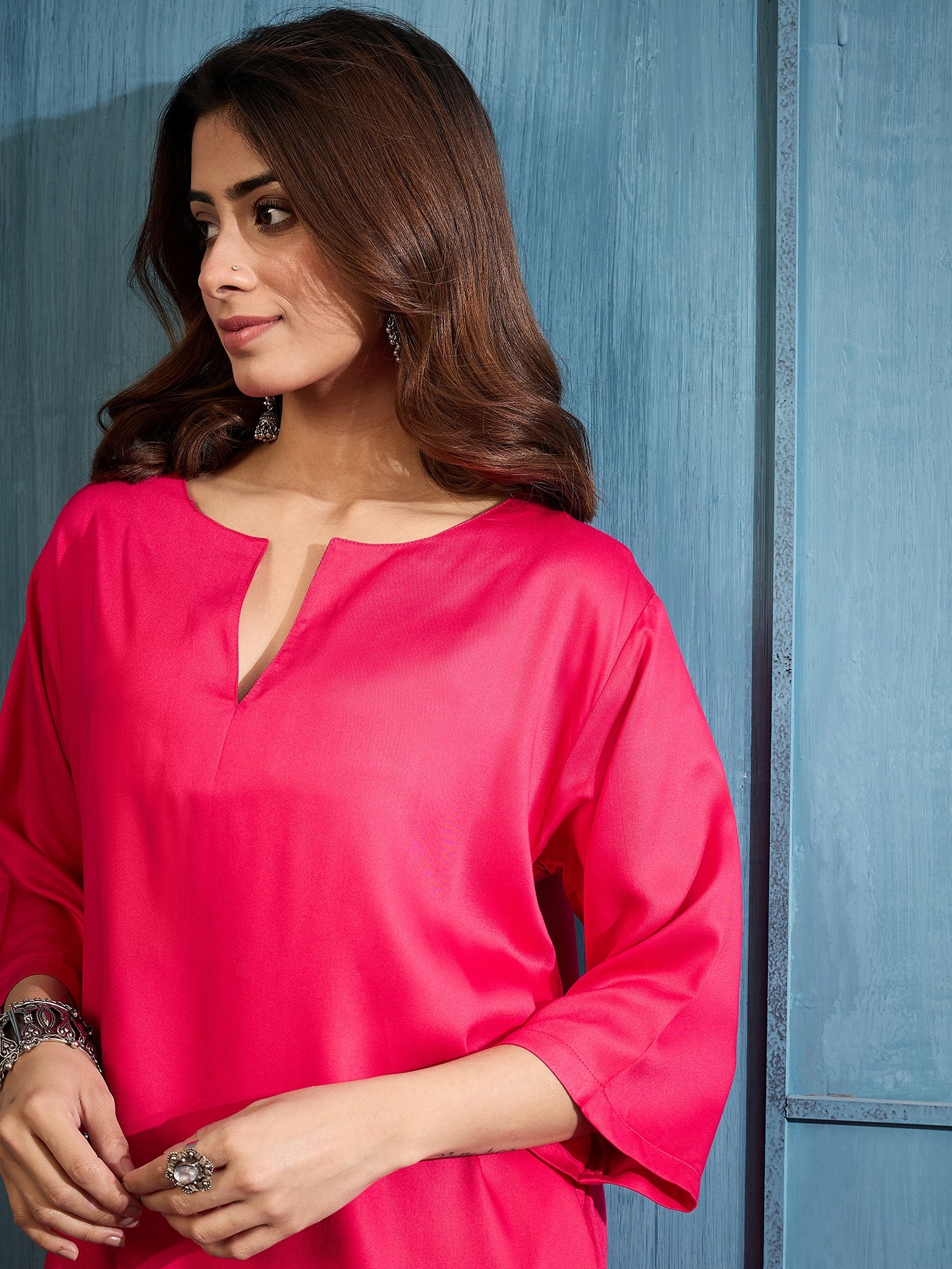 Pink V-Neck Kurta With Olive Pant Set