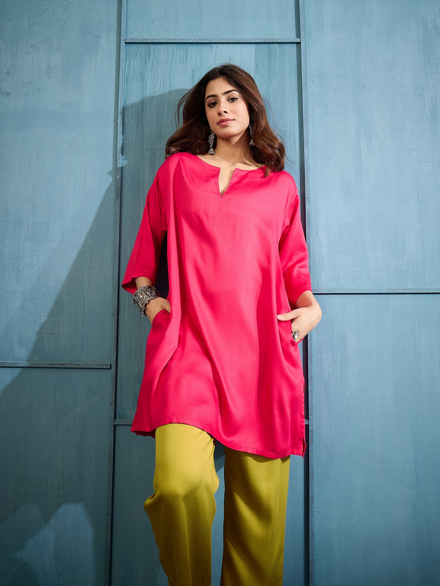 Pink V-Neck Kurta With Olive Pant Set