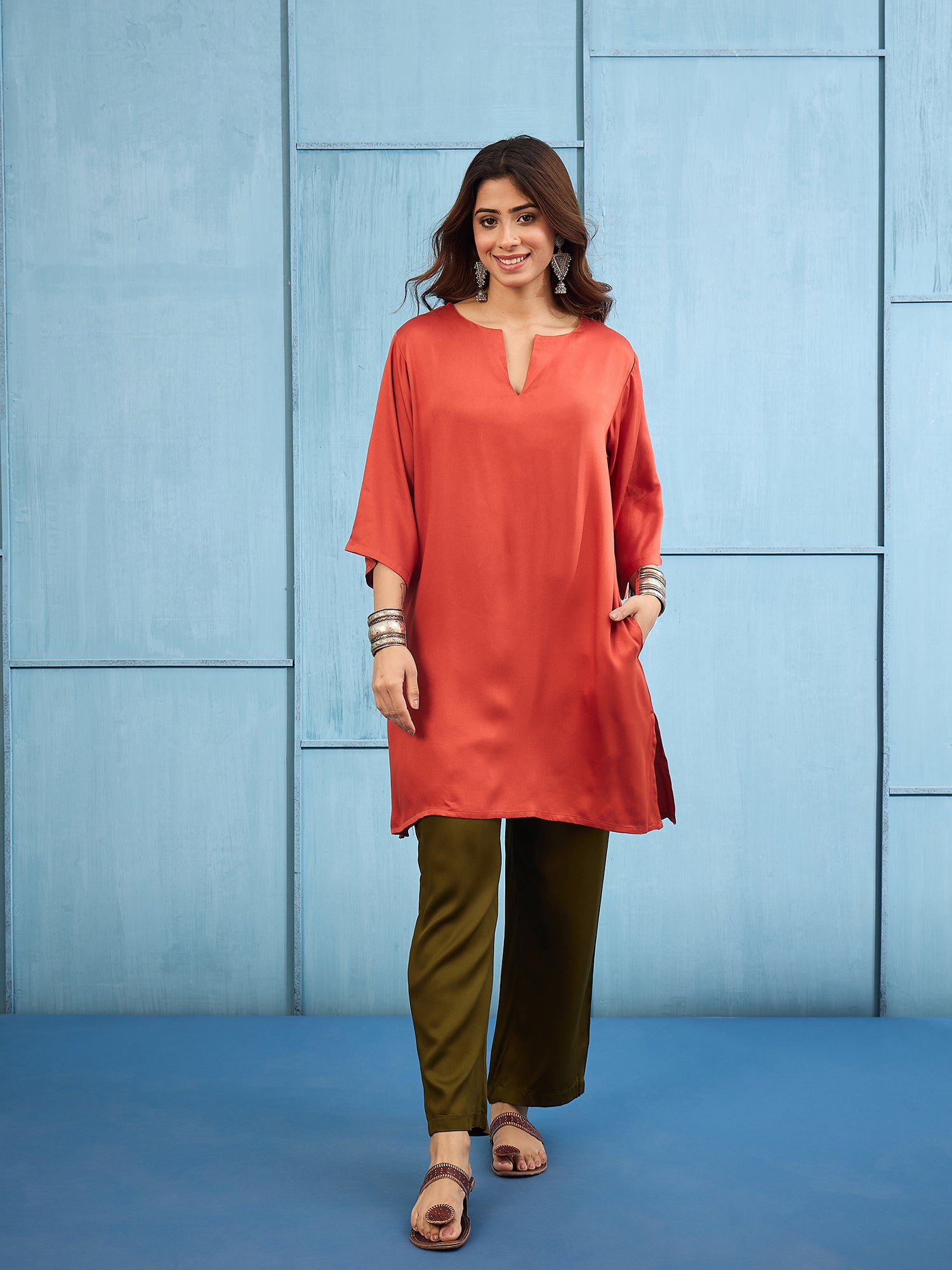Rust V-Neck Kurta With Green Pant Set (To be dispatched in 7 -10 days)
