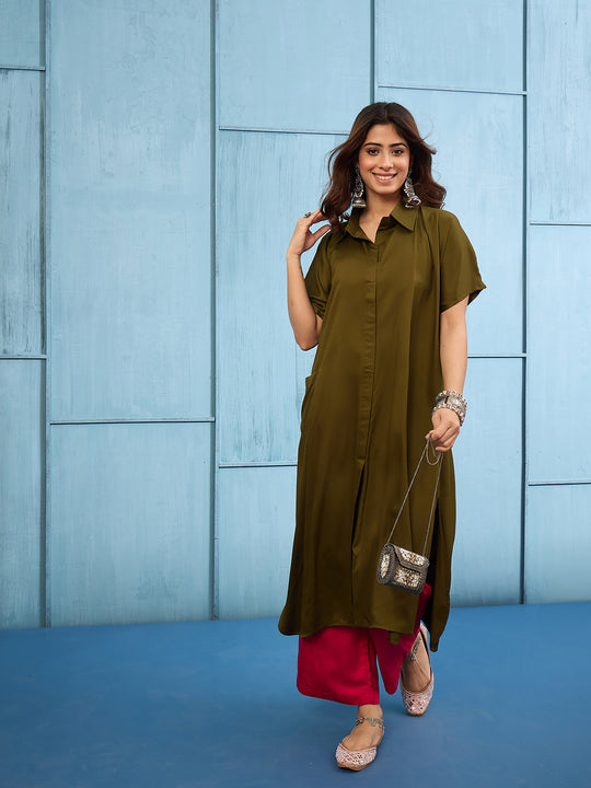 Green Longline Kurta Pant Set (To be dispatched in 7 -10 days)