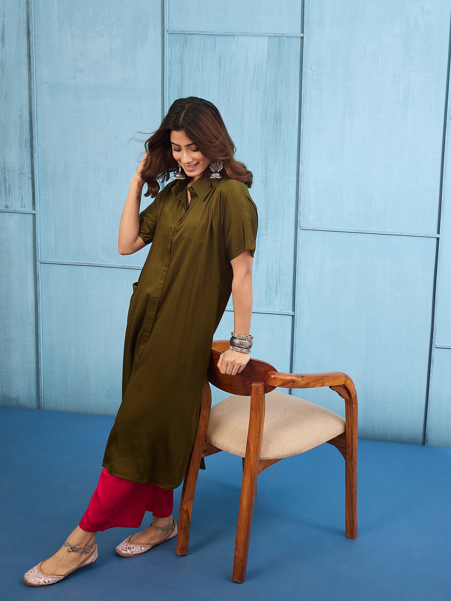 Green Longline Kurta Pant Set (To be dispatched in 7 -10 days)