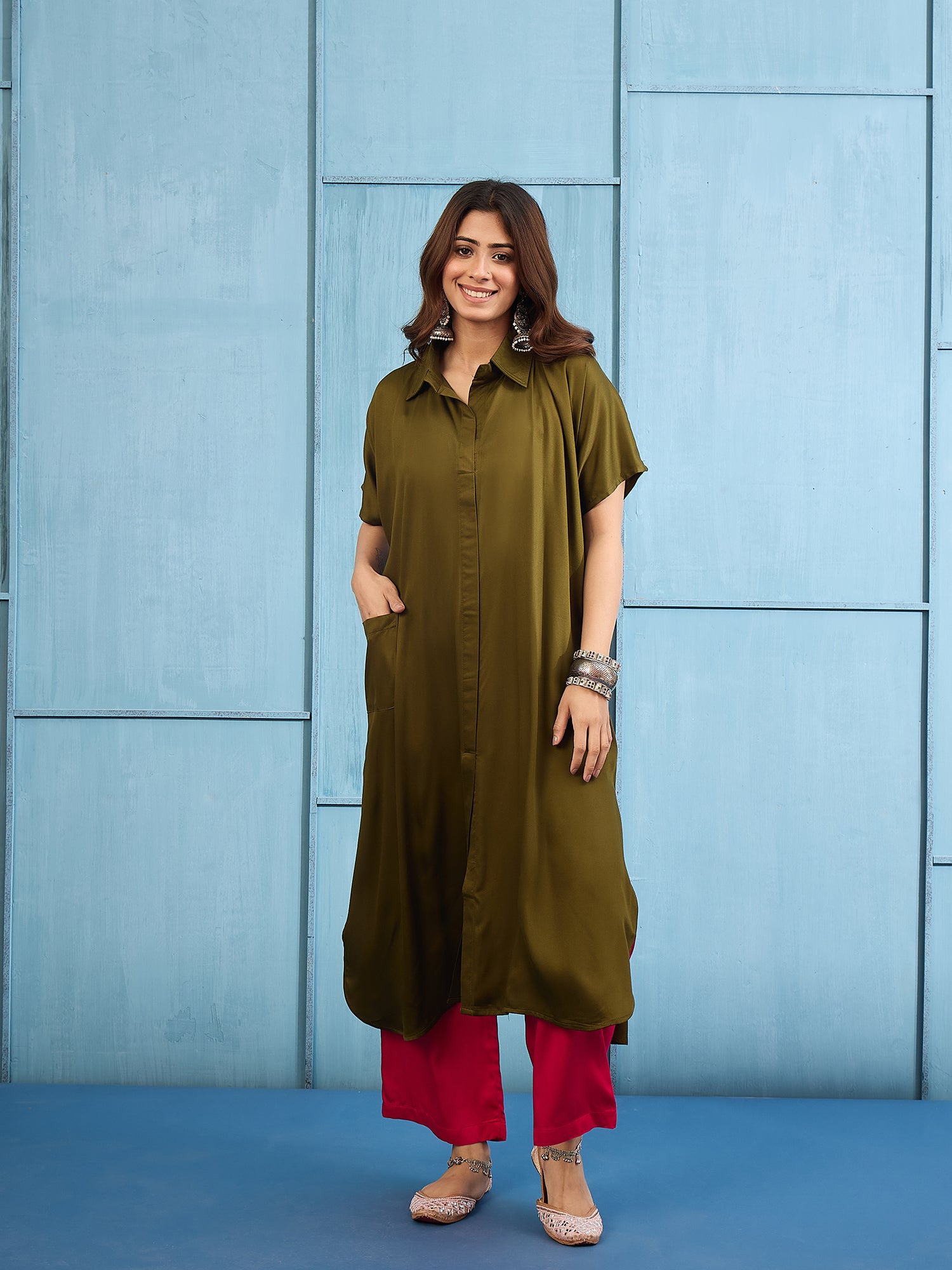Green Longline Kurta Pant Set (To be dispatched in 7 -10 days)