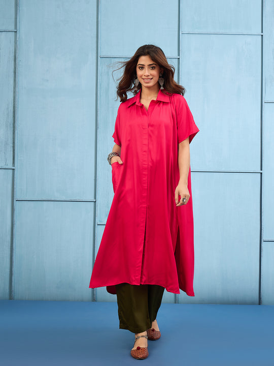 Pink Longline Kurta Pant Set (To be dispatched in 7 -10 days)