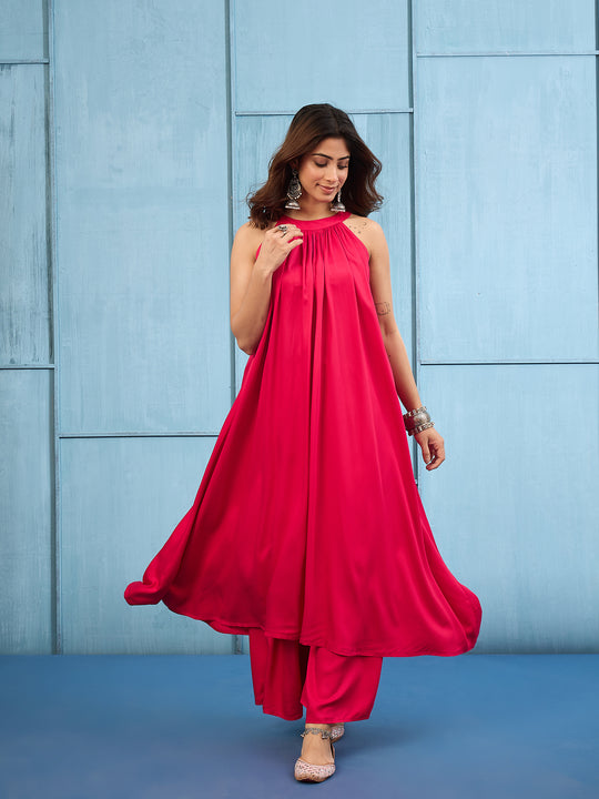Pink Halter-Neck Matching Palazzo