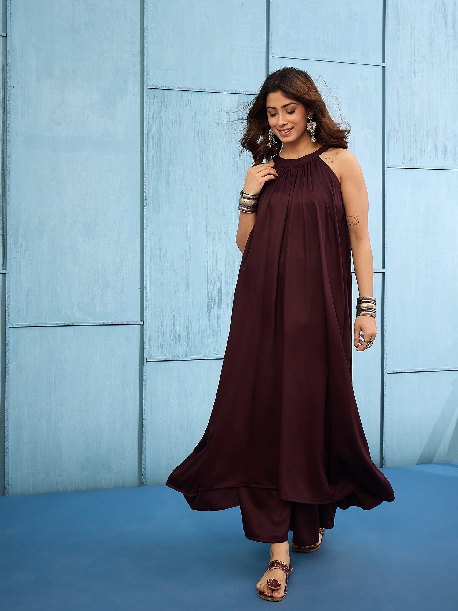 Dark Brown Halter-Neck Matching Palazzo