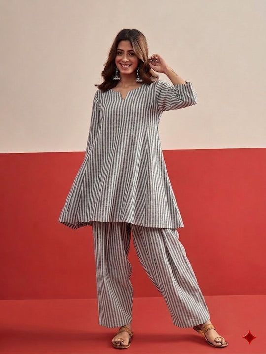 Grey White Stripe Peplum Salwar Set