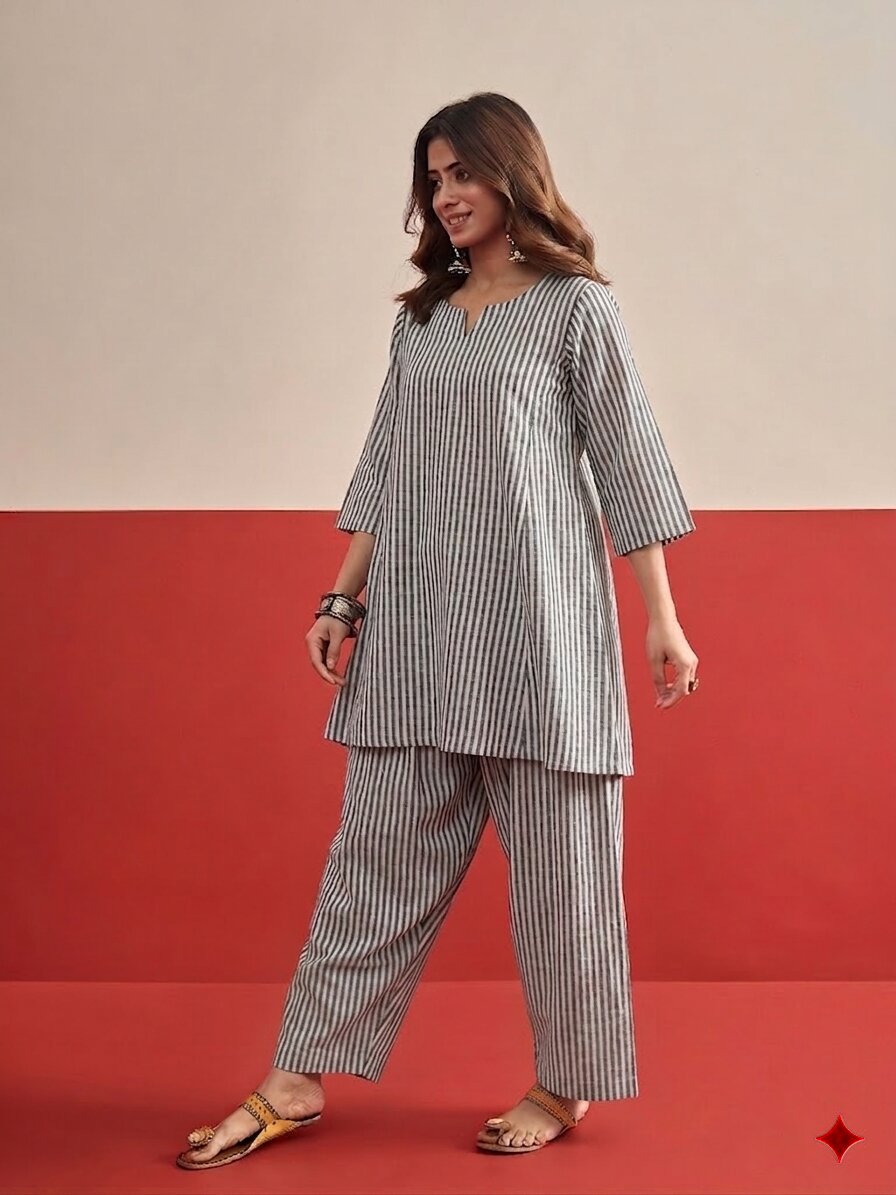 Grey White Stripe Peplum Salwar Set