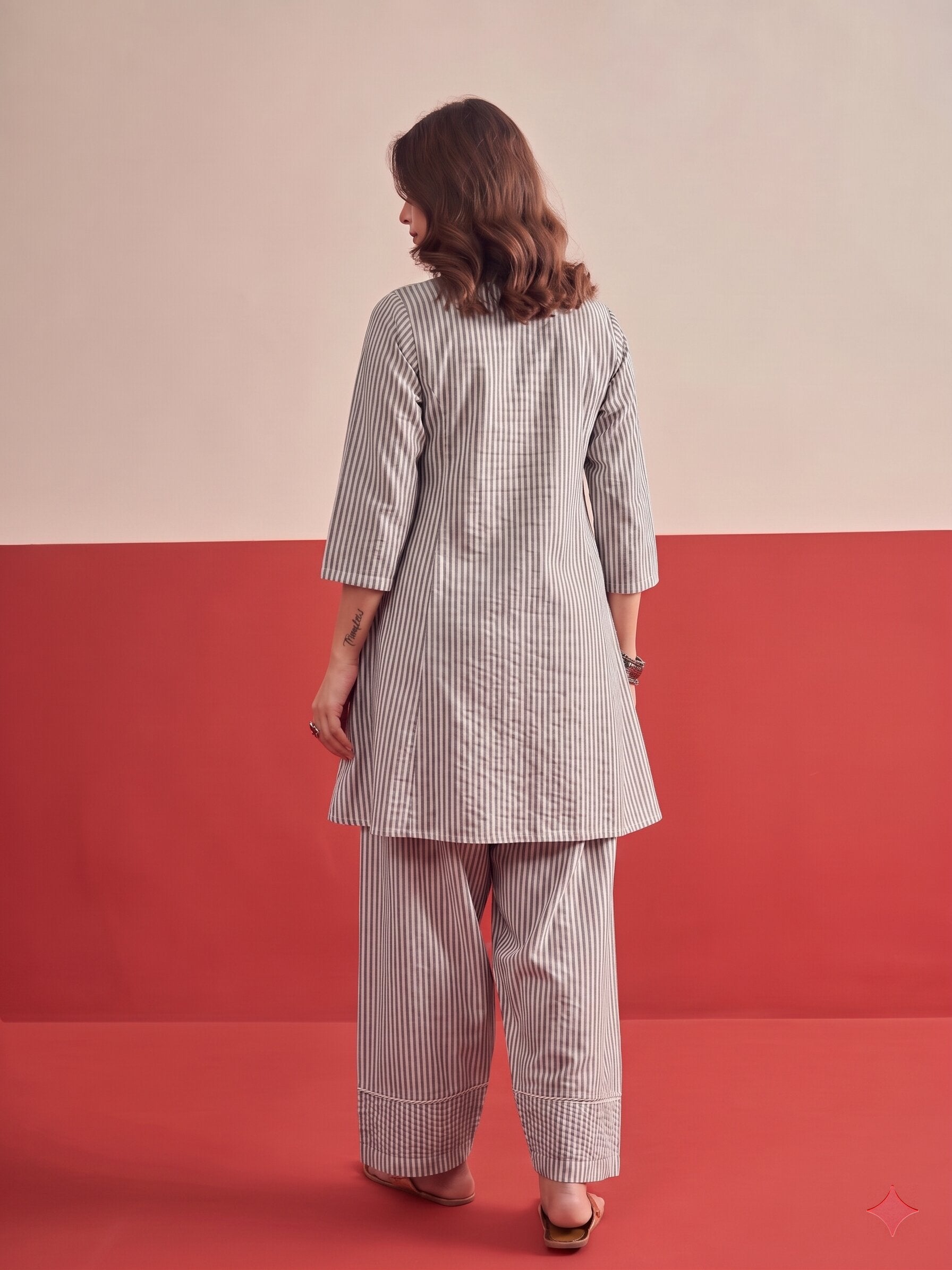 Grey White Stripe Peplum Salwar Set