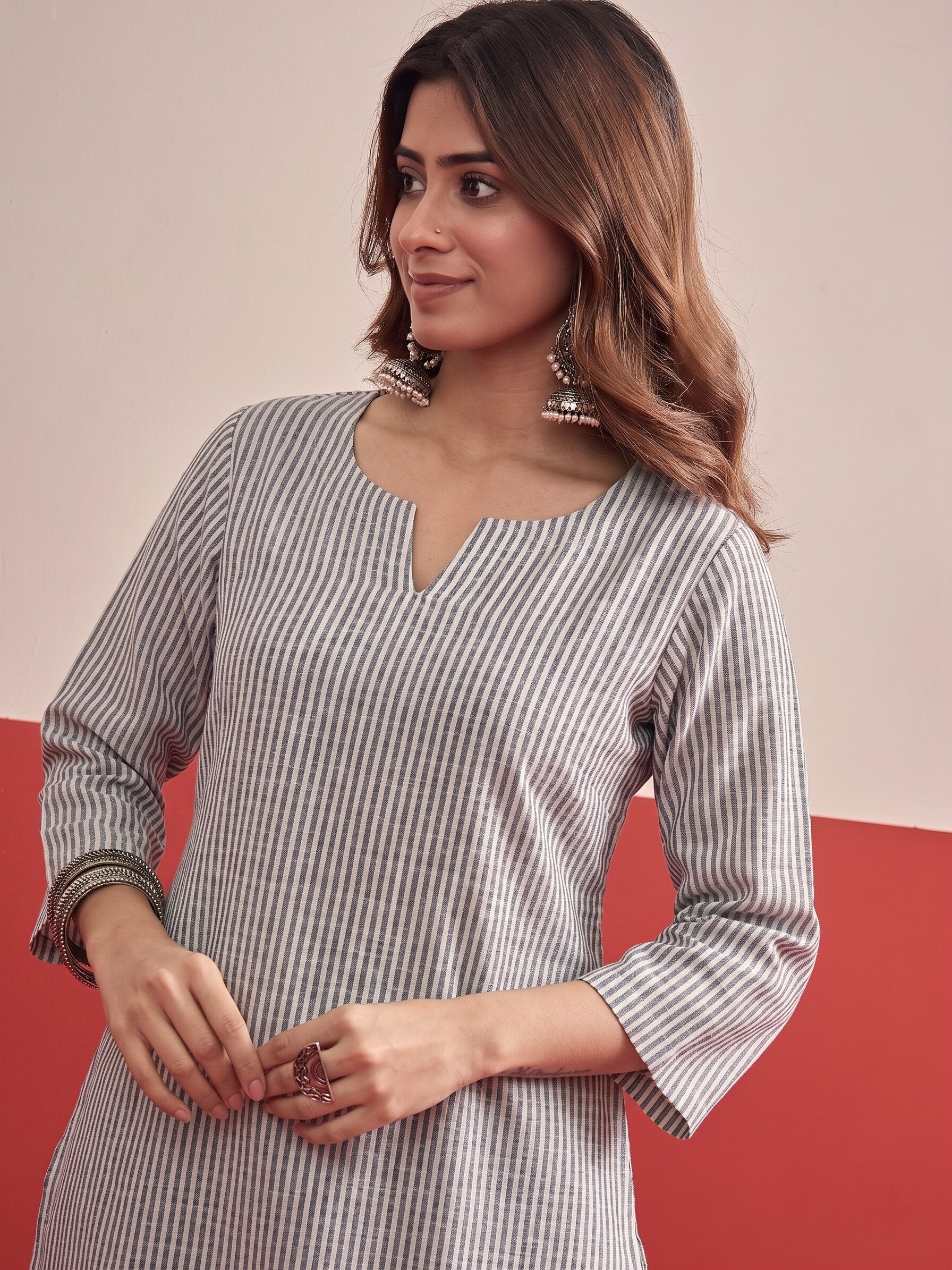Grey White Stripe Peplum Salwar Set