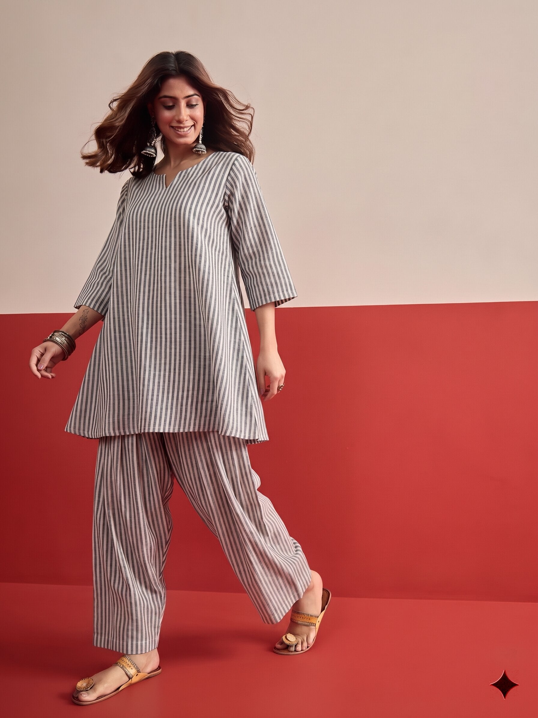 Grey White Stripe Peplum Salwar Set