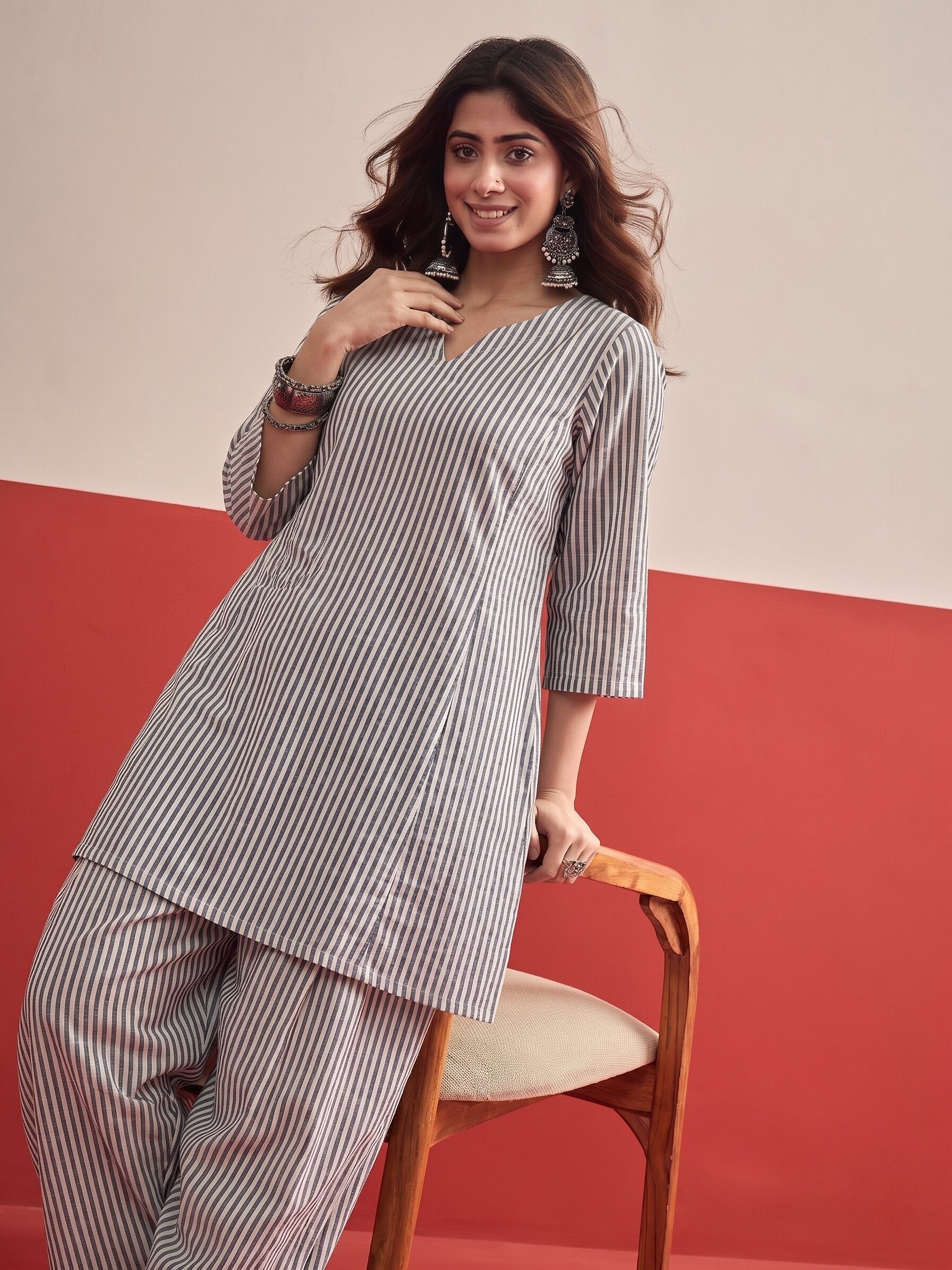 Grey White Stripe Peplum Salwar Set