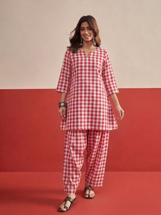 Pink Big Check Peplum Salwar Set