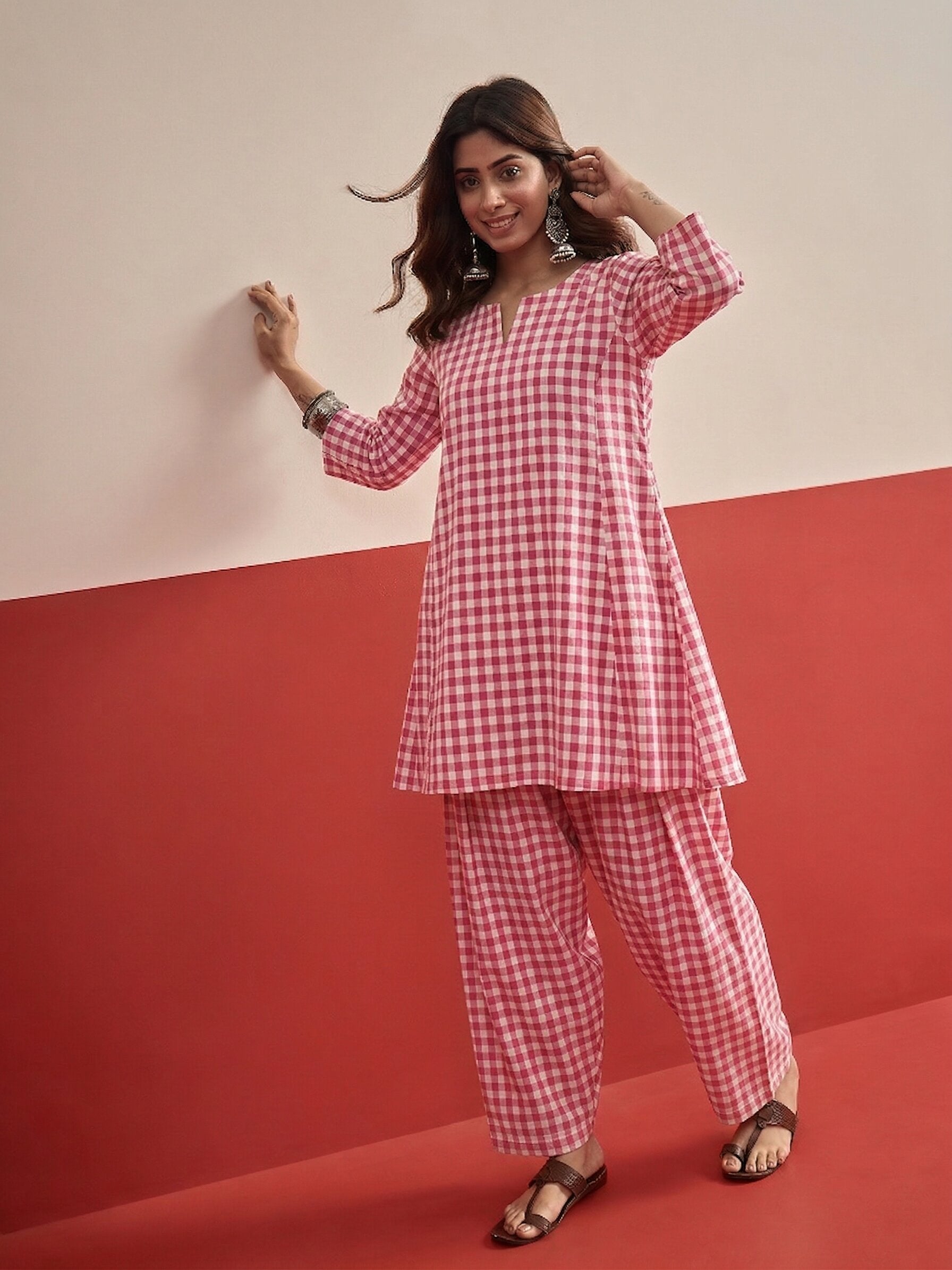 Pink Big Check Peplum Salwar Set