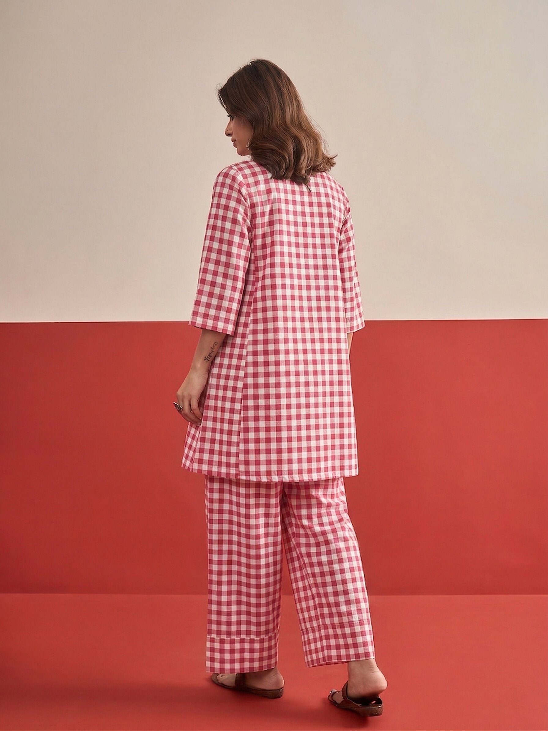 Pink Big Check Peplum Salwar Set
