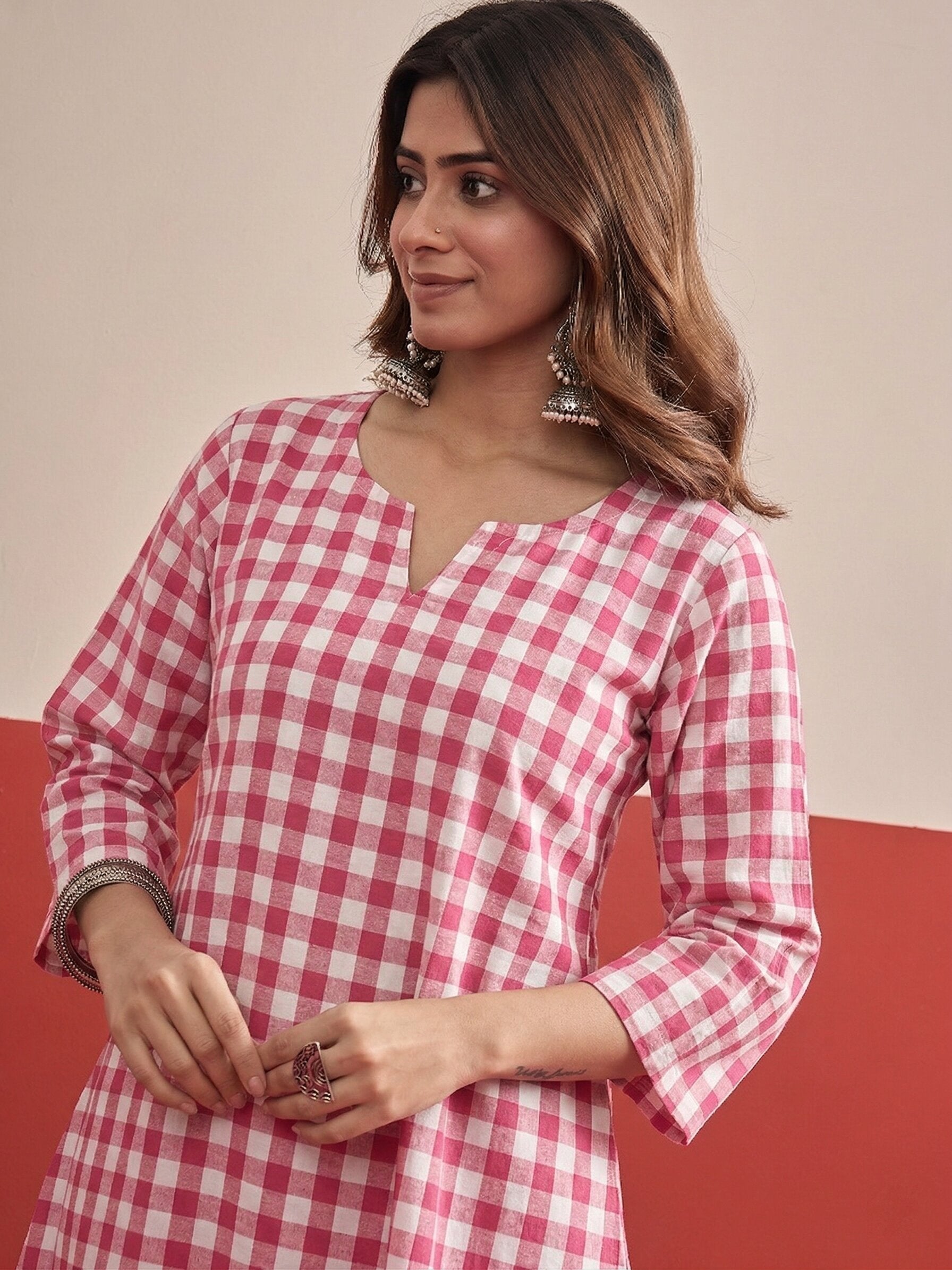 Pink Big Check Peplum Salwar Set