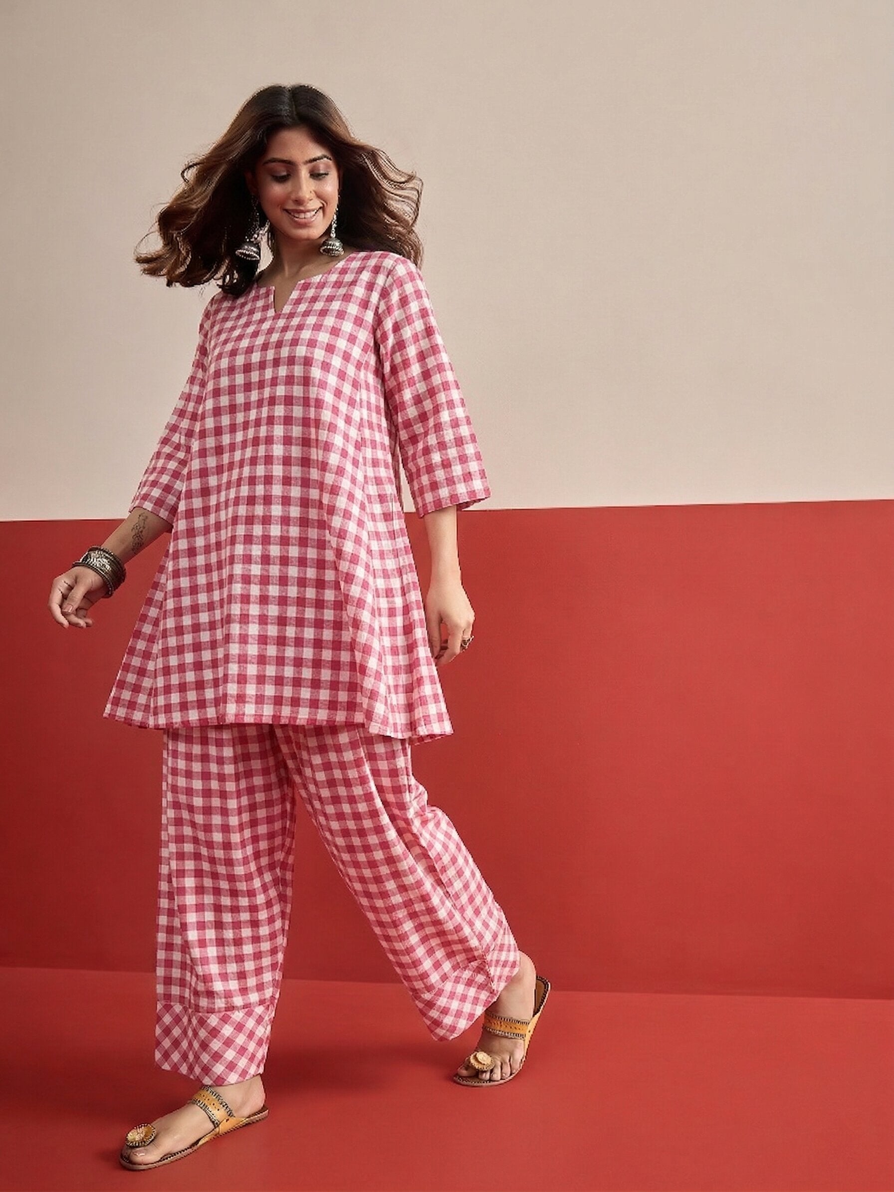 Pink Big Check Peplum Salwar Set