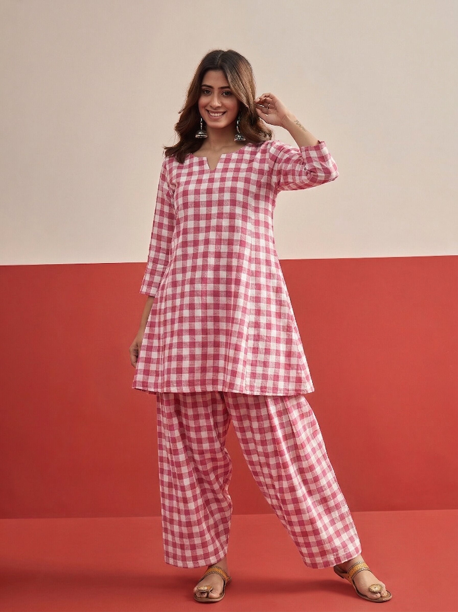 Pink Big Check Peplum Salwar Set