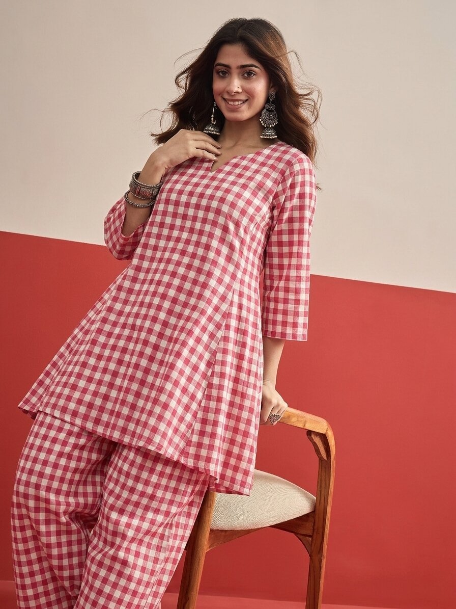 Pink Big Check Peplum Salwar Set