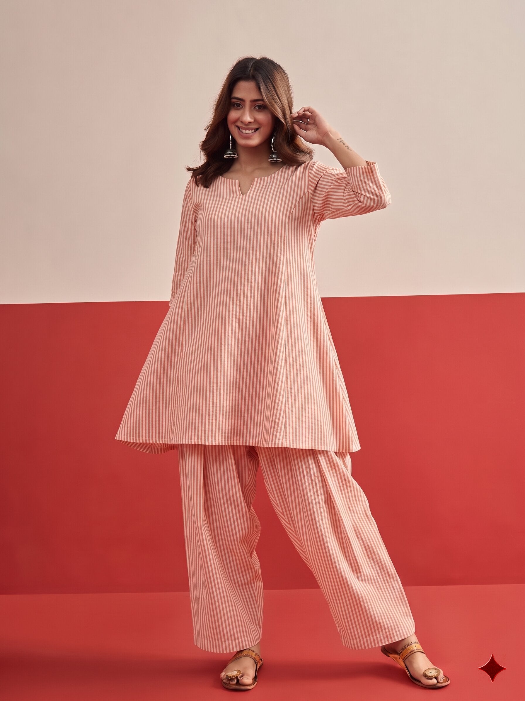 Peach White Stripe Peplum Salwar Set
