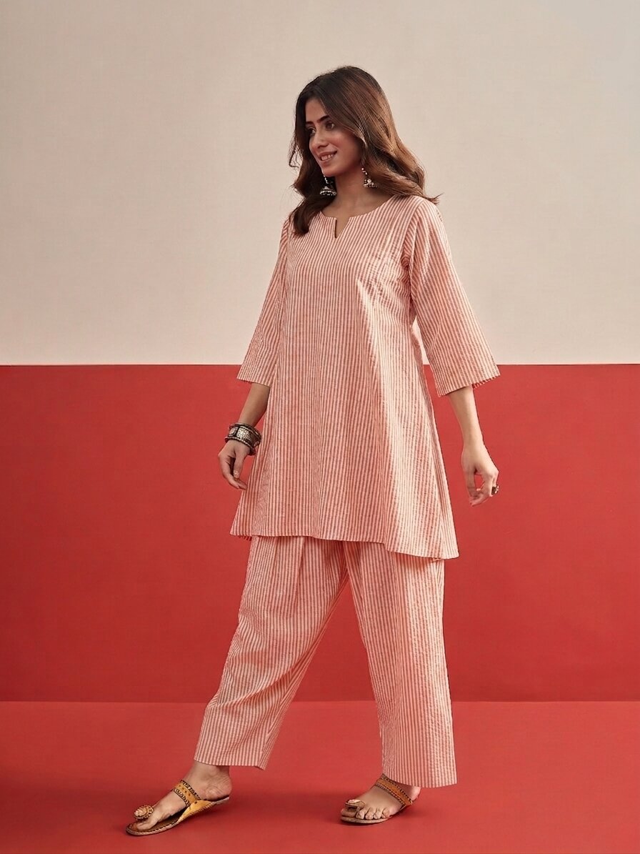 Peach White Stripe Peplum Salwar Set