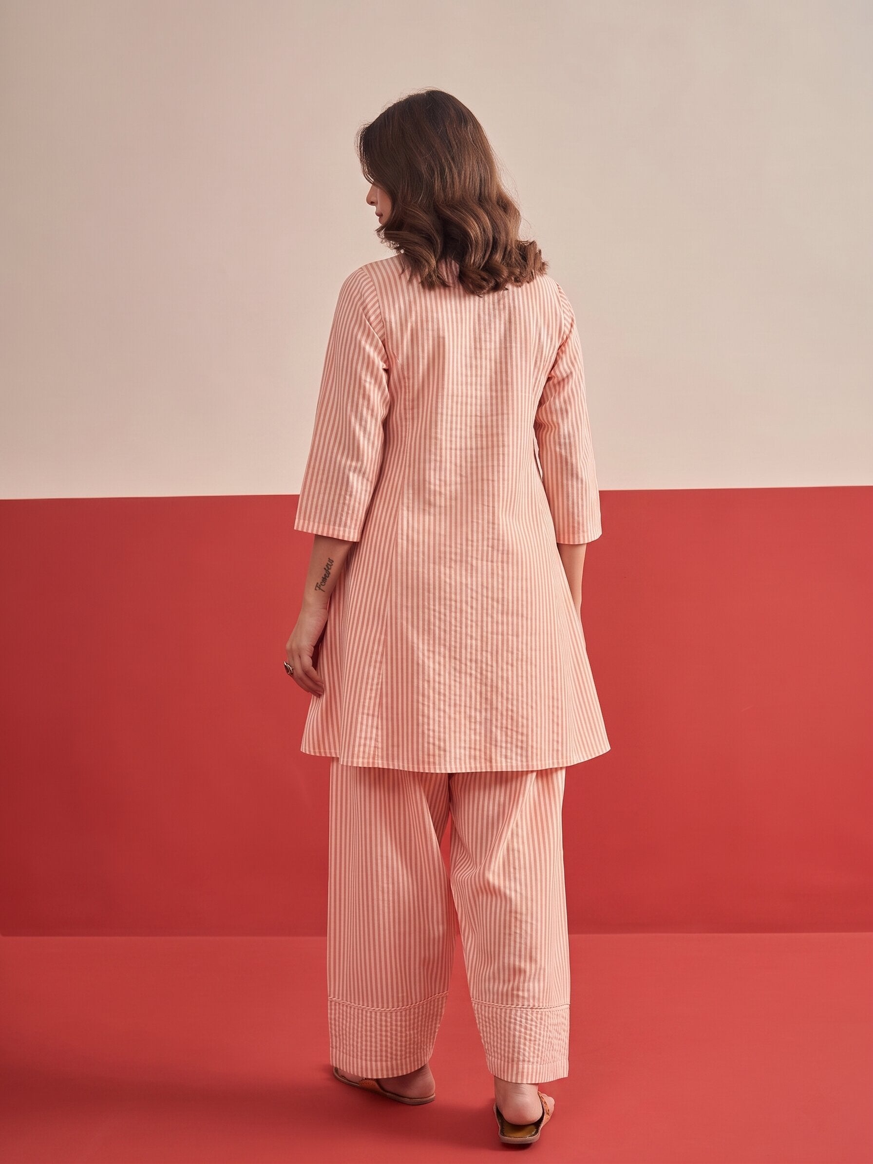 Peach White Stripe Peplum Salwar Set