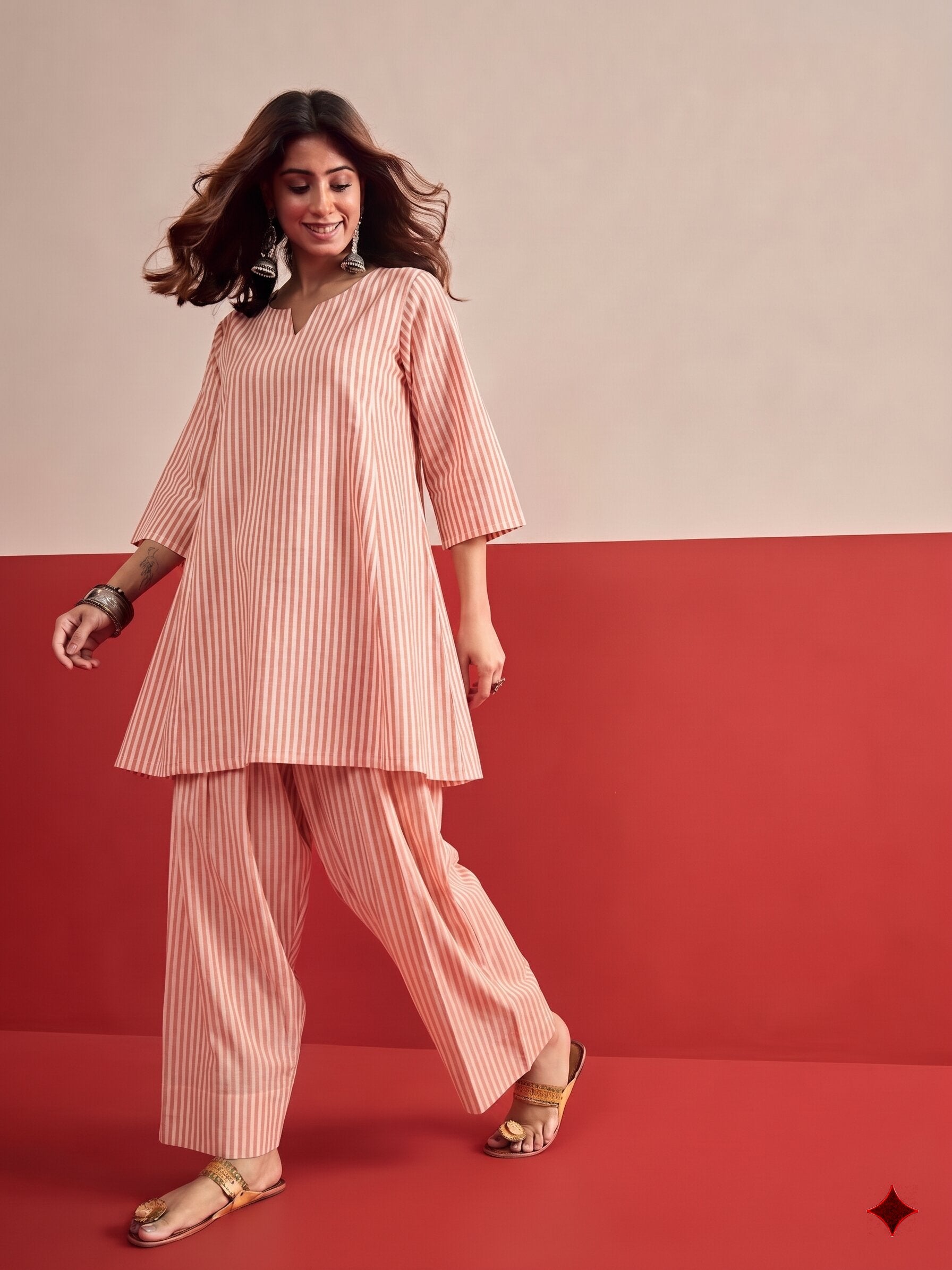 Peach White Stripe Peplum Salwar Set