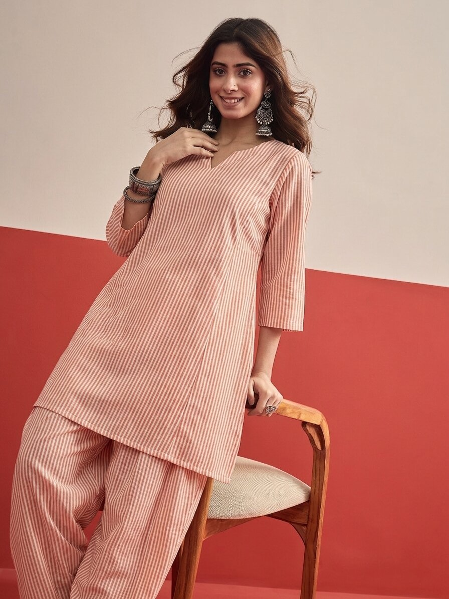 Peach White Stripe Peplum Salwar Set