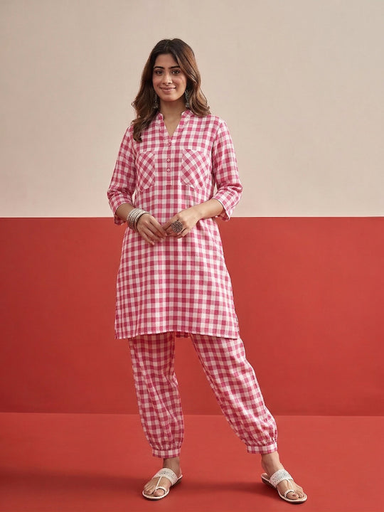 Pink Big Check Afghani Set